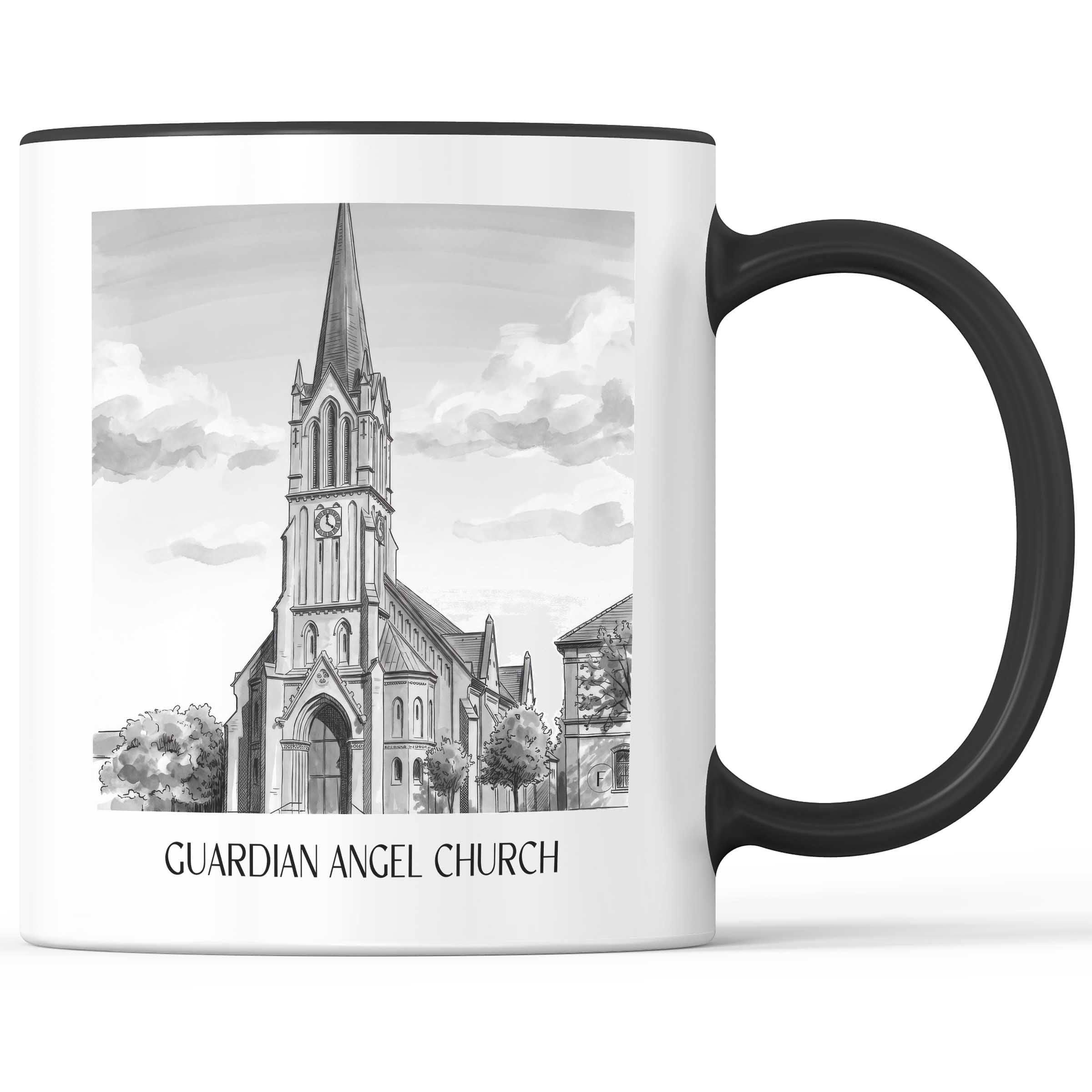 Schutzengelkirche Kaffeebecher - Brühl - Deutschland Becher - Kaffeetasse im Aquarell Schwarz-Weiß Stil