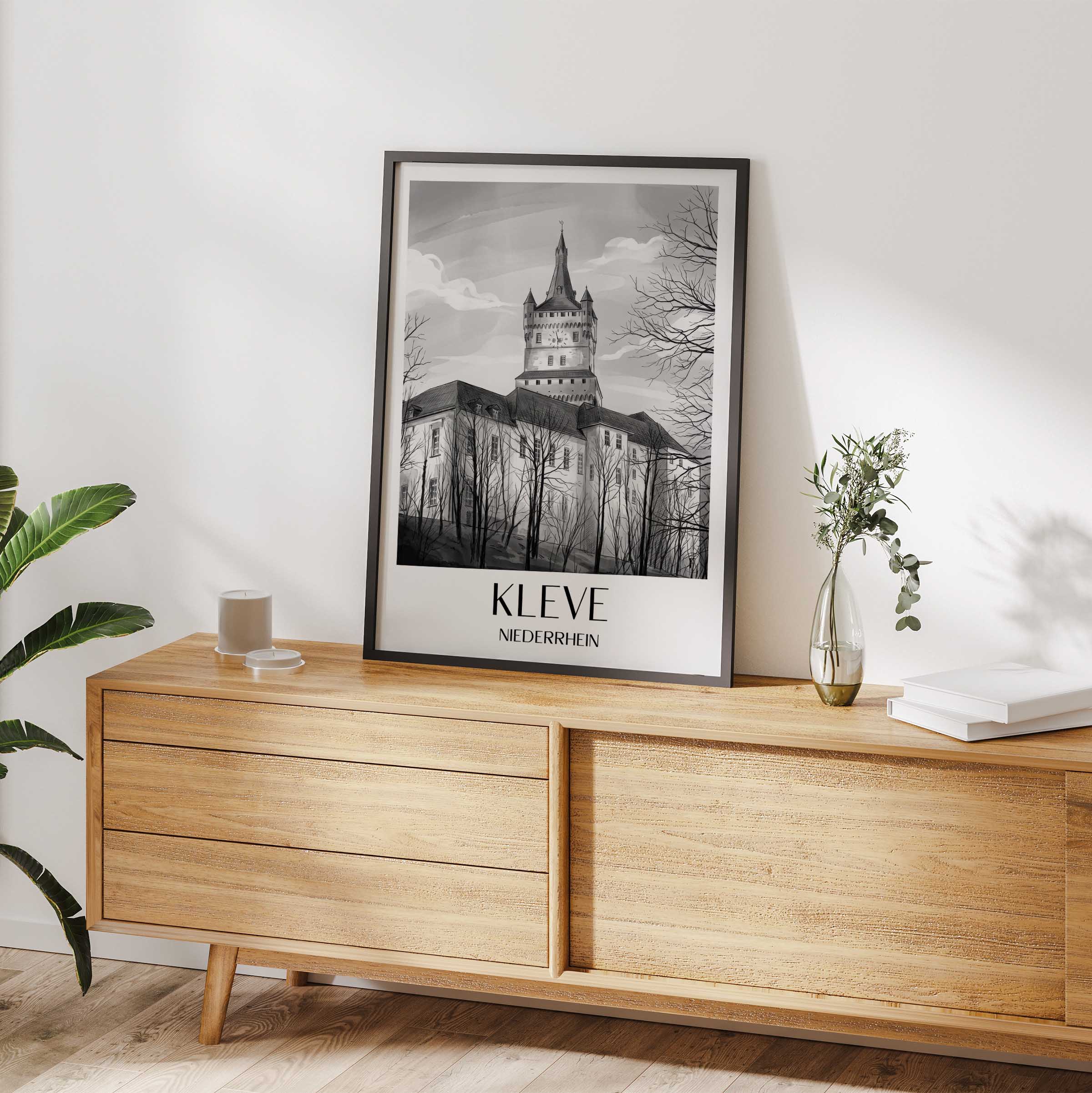 kleve-niederrhein-deutschland-poster-aquarell-schwarz-weiss