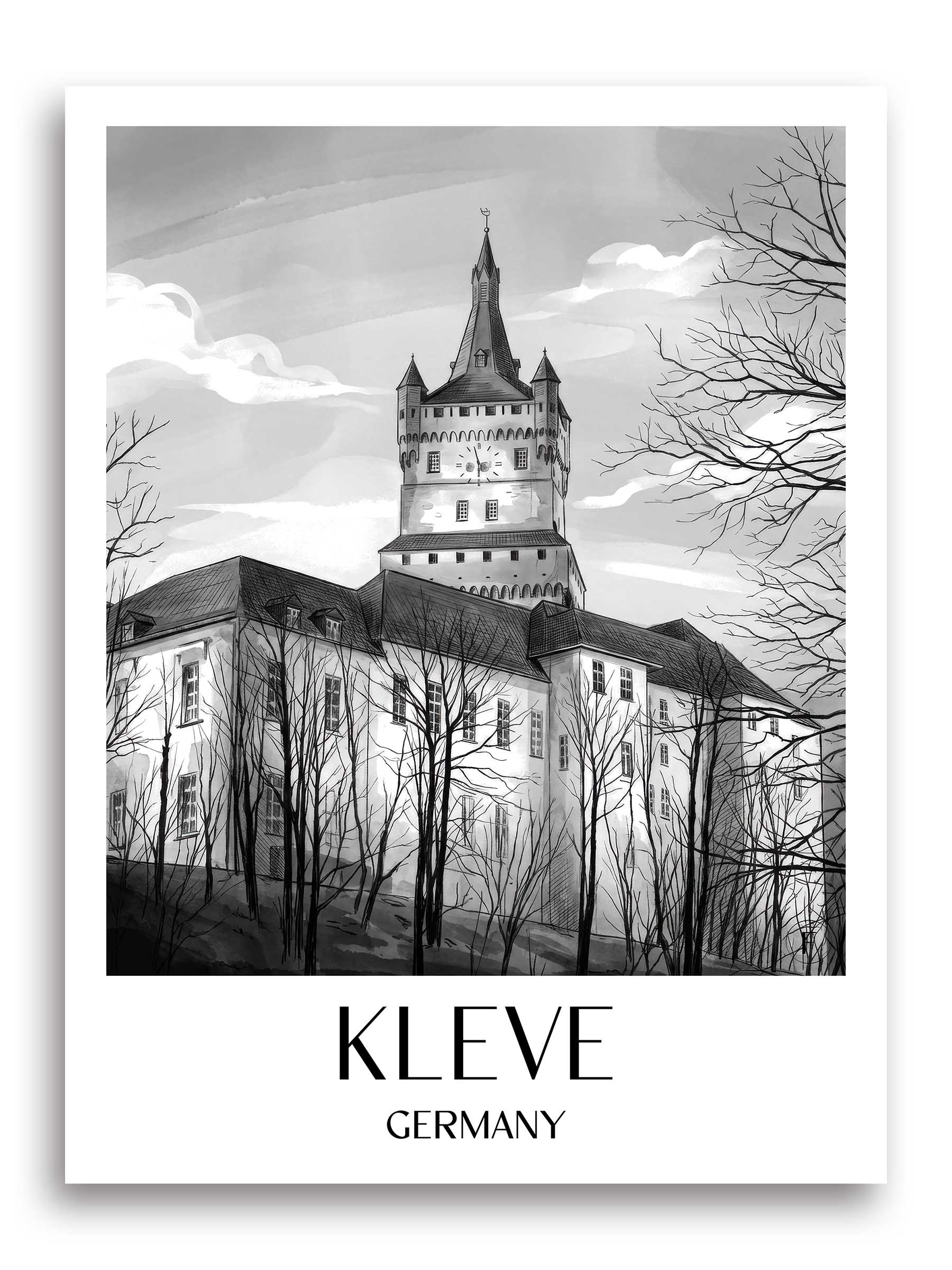Kleve Poster - Niederrhein - Deutschland Kunstdruck - Aquarell Schwarz-Weiß von A4 bis A1
