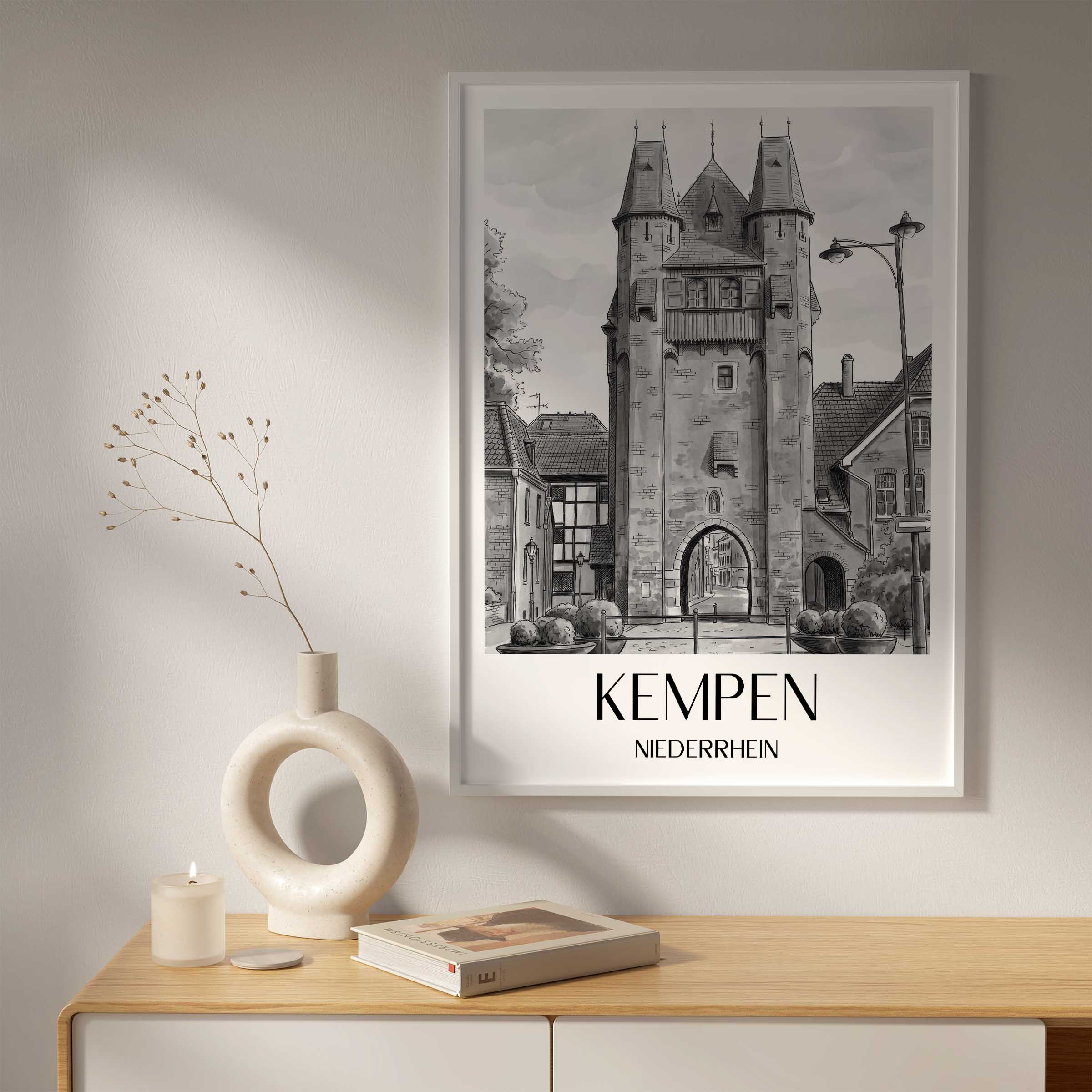 kempen-niederrhein-deutschland-poster-aquarell-schwarz-weiss