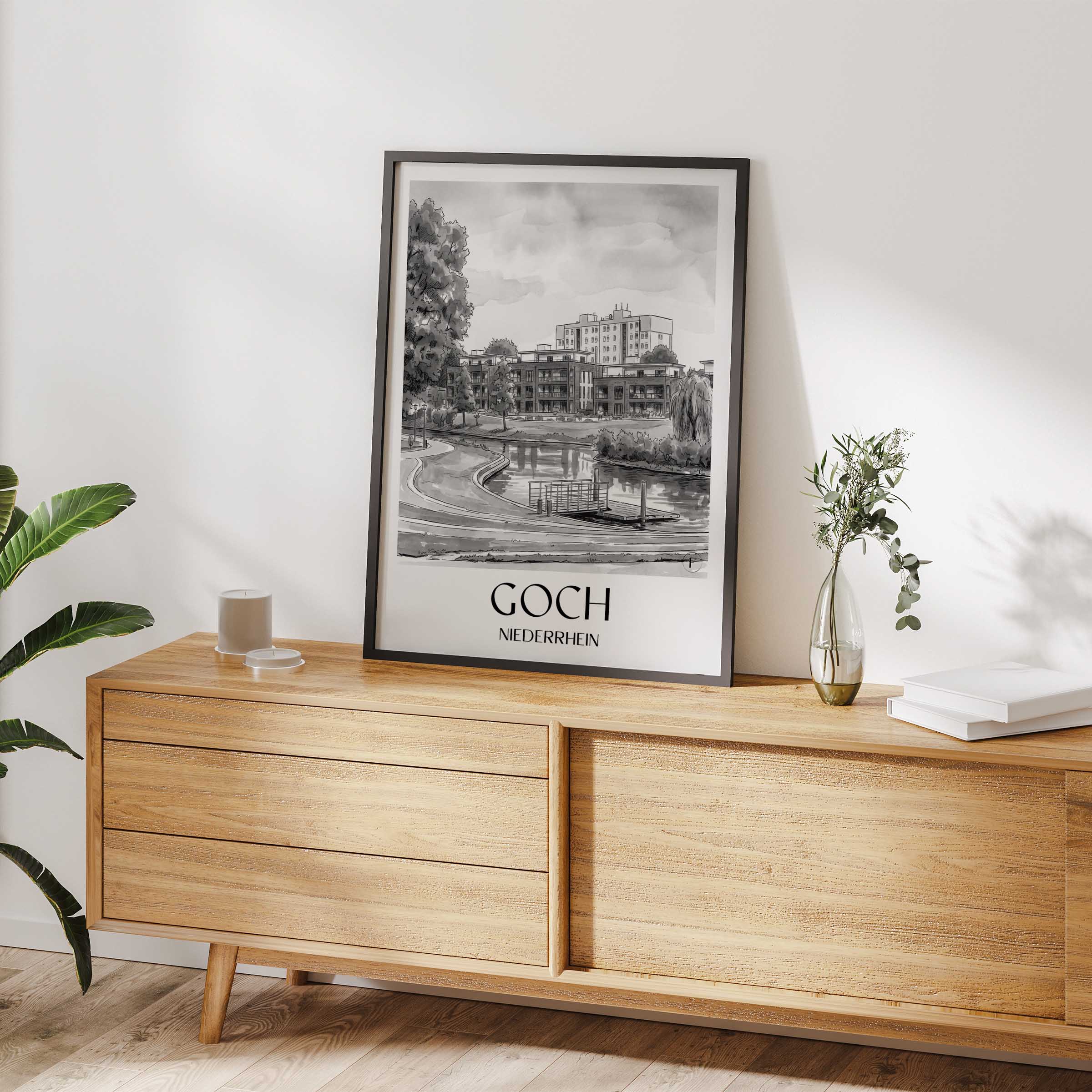 goch-niederrhein-deutschland-poster-aquarell-schwarz-weiss