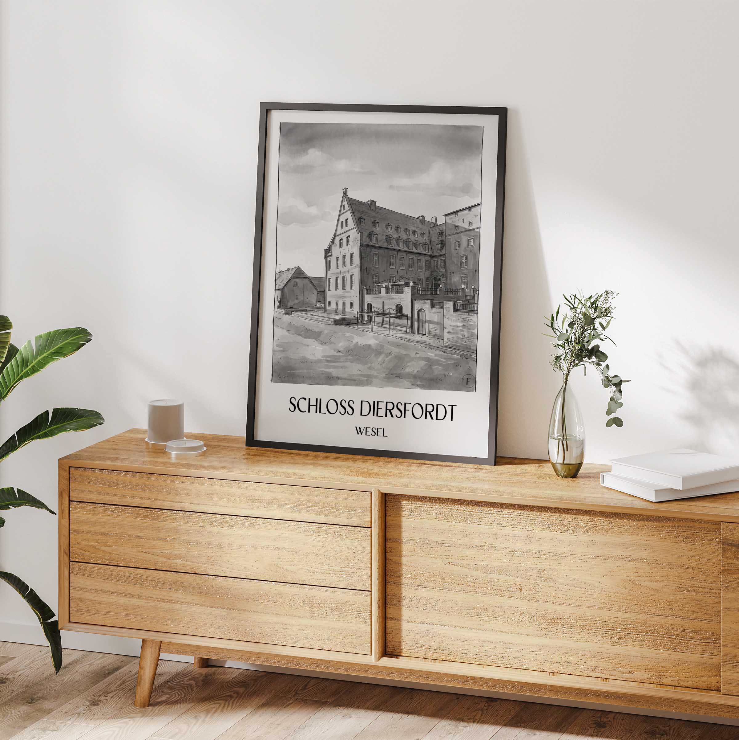 schloss-diersfordt-wesel-deutschland-poster-aquarell-schwarz-weiss