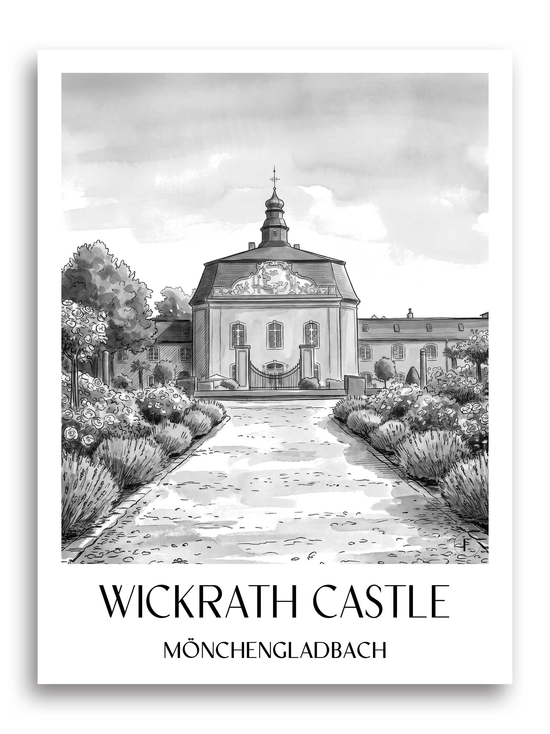 Schloss Wickrath Poster - Möchengladbach - Deutschland Kunstdruck - Aquarell Schwarz-Weiß von A4 bis A1
