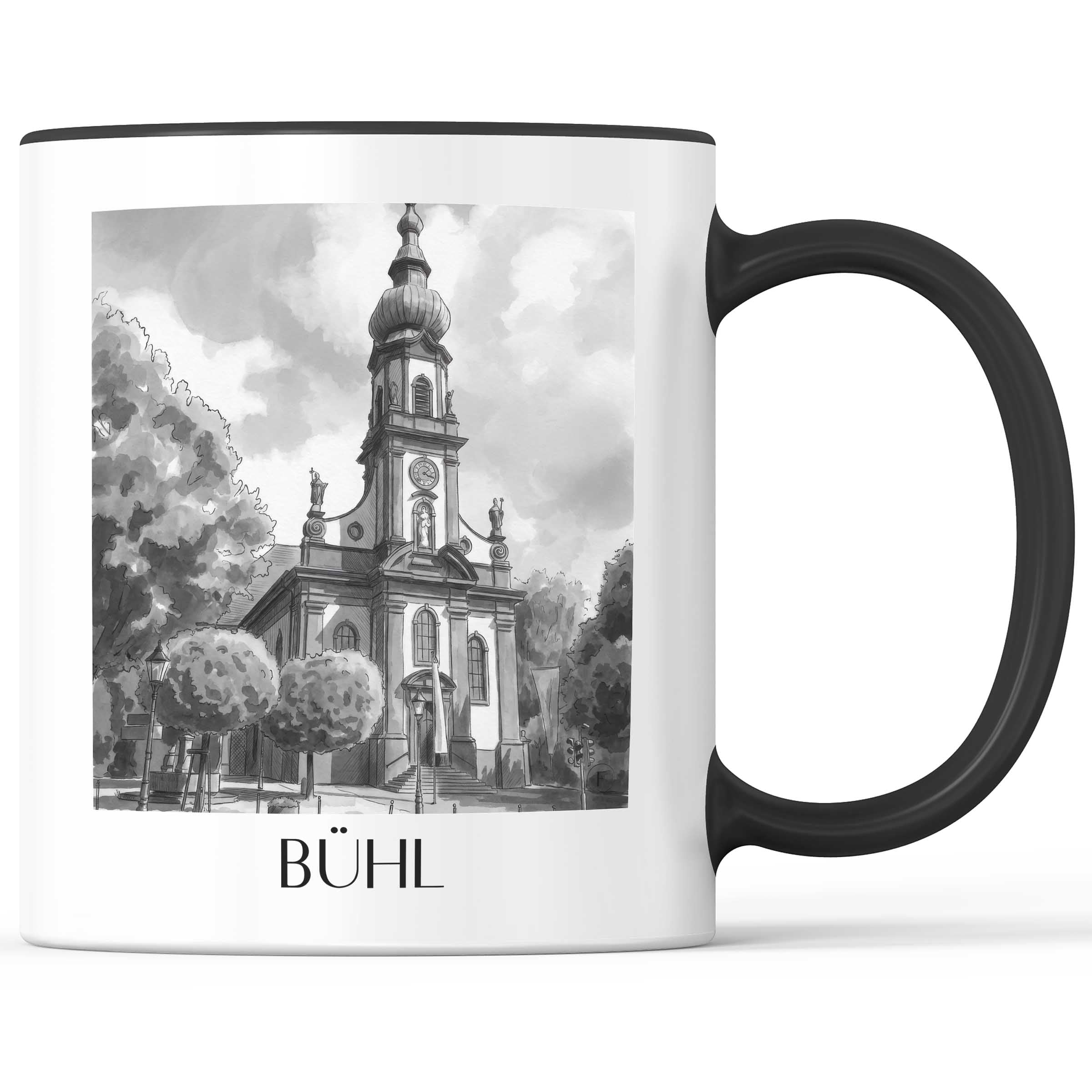 bühl-schwarzwald-deutschland-kaffeebecher-aquarell-schwarz-weiss