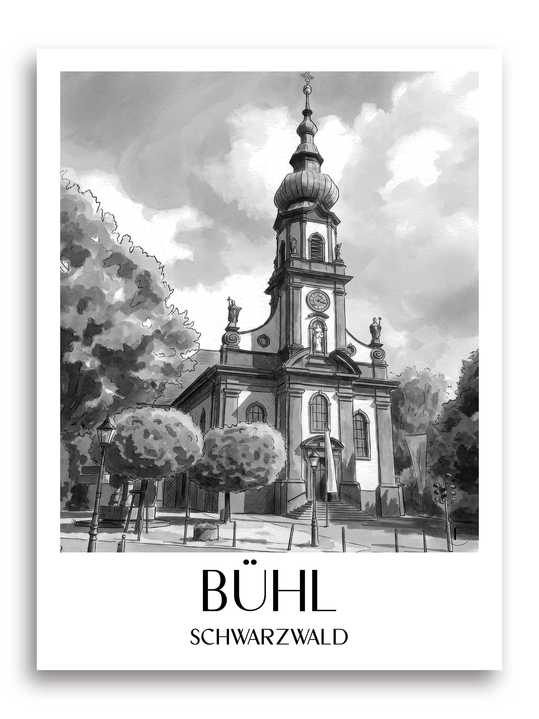 bühl-schwarzwald-deutschland-poster-aquarell-schwarz-weiss