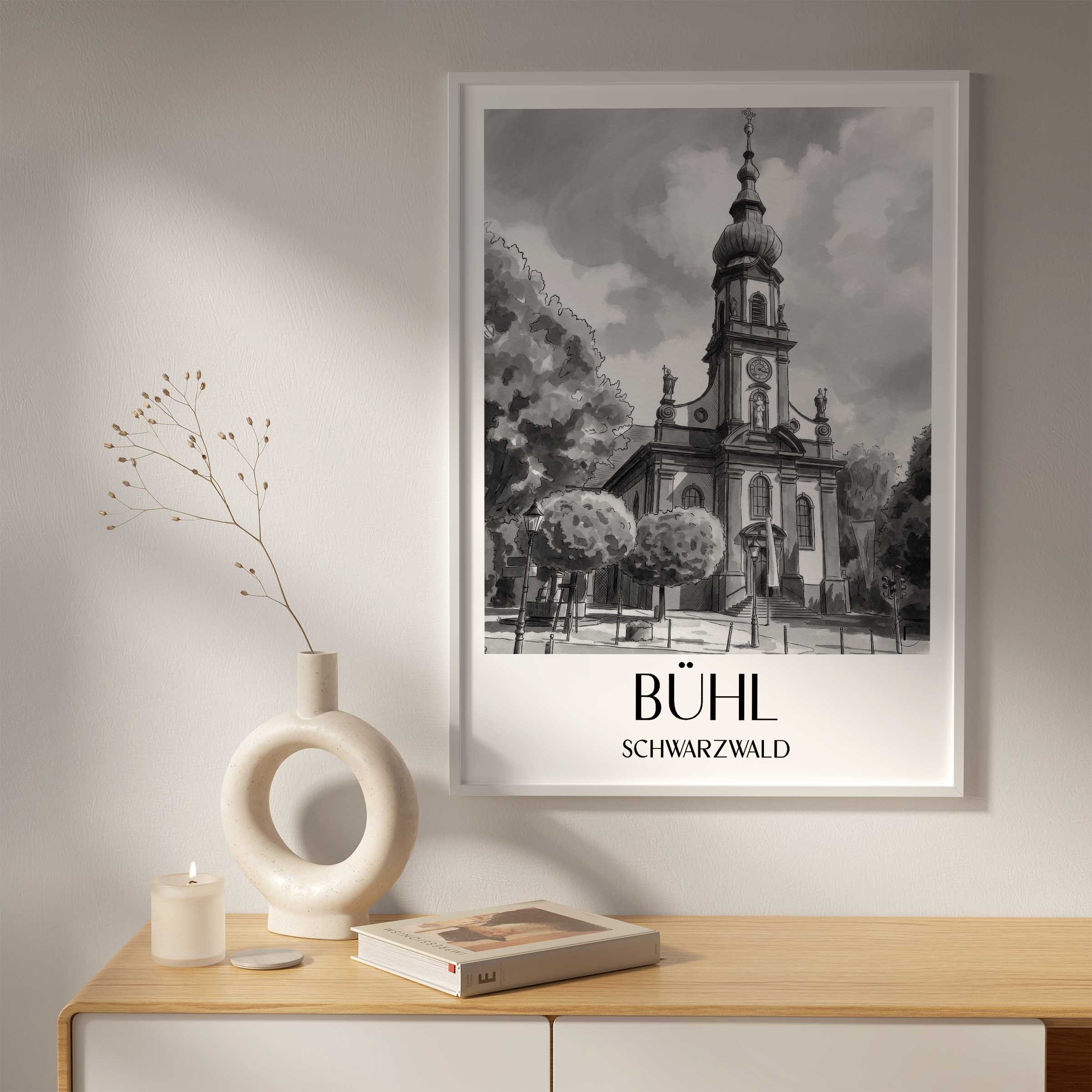 bühl-schwarzwald-deutschland-poster-aquarell-schwarz-weiss