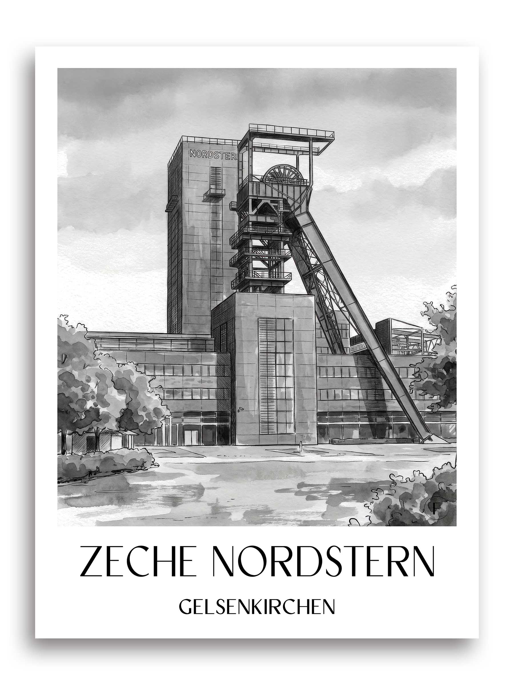 zeche-nordstern-gelsenkirchen-deutschland-poster-aquarell-schwarz-weiss