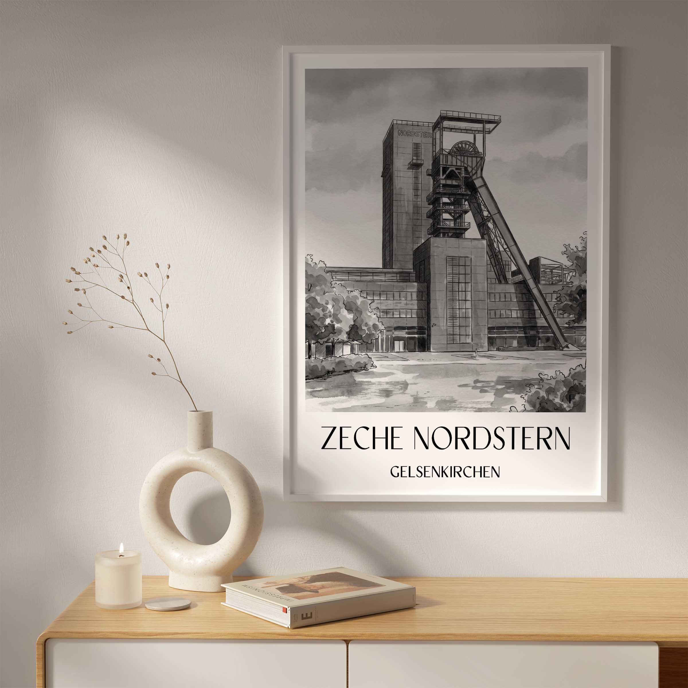 zeche-nordstern-gelsenkirchen-deutschland-poster-aquarell-schwarz-weiss