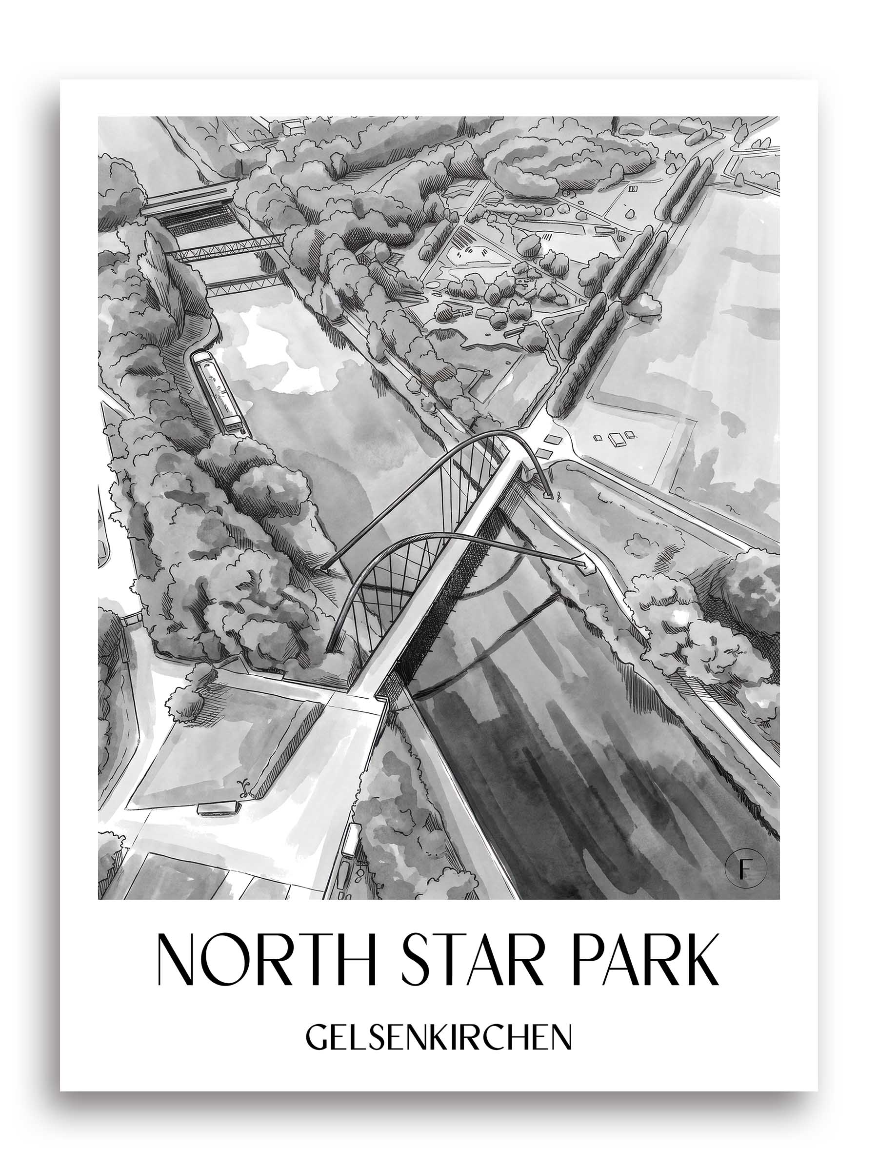 Nordsternpark Poster - Gelsenkirchen - Deutschland Kunstdruck - Aquarell Schwarz-Weiß von A4 bis A1
