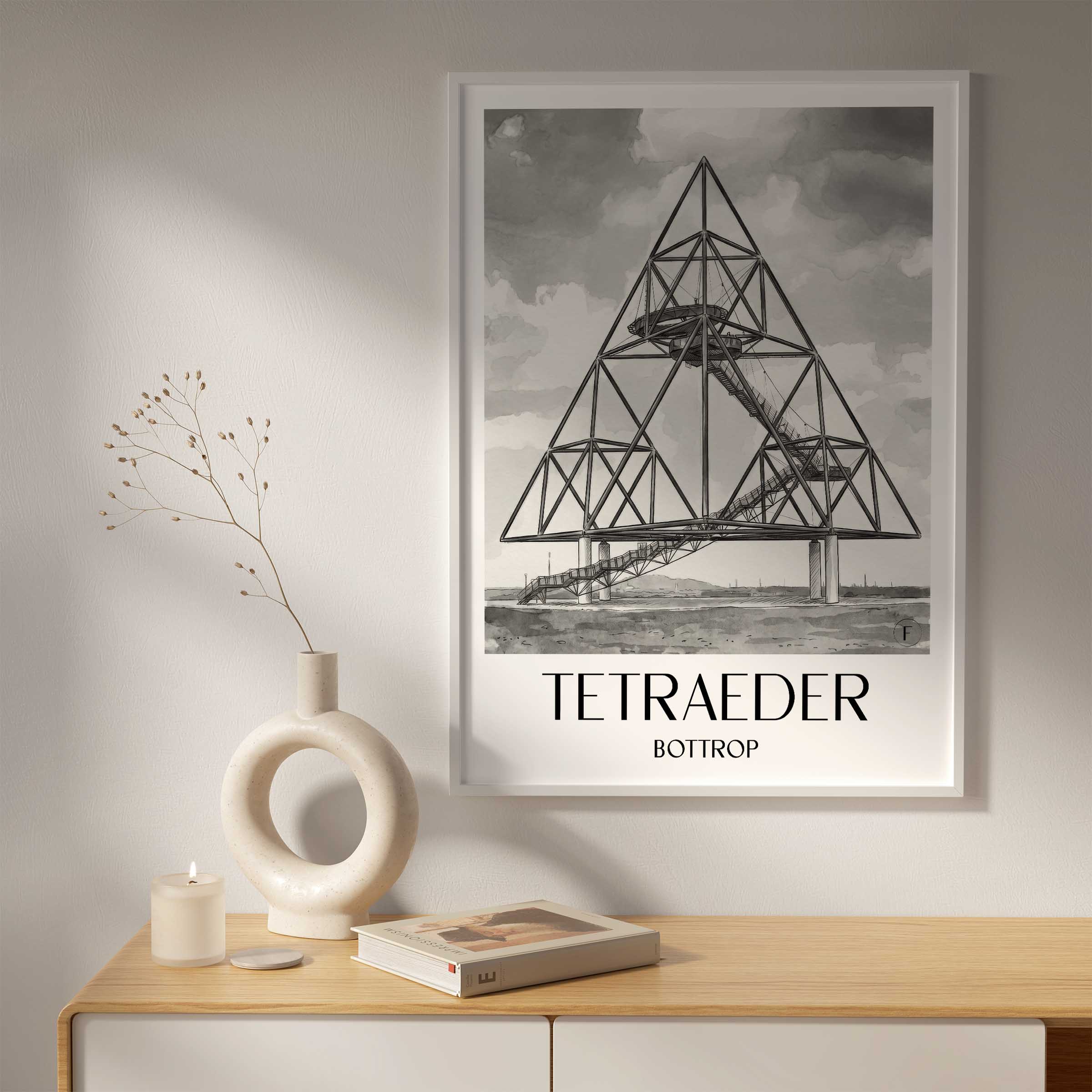 tetraeder-bottrop-deutschland-poster-aquarell-schwarz-weiss