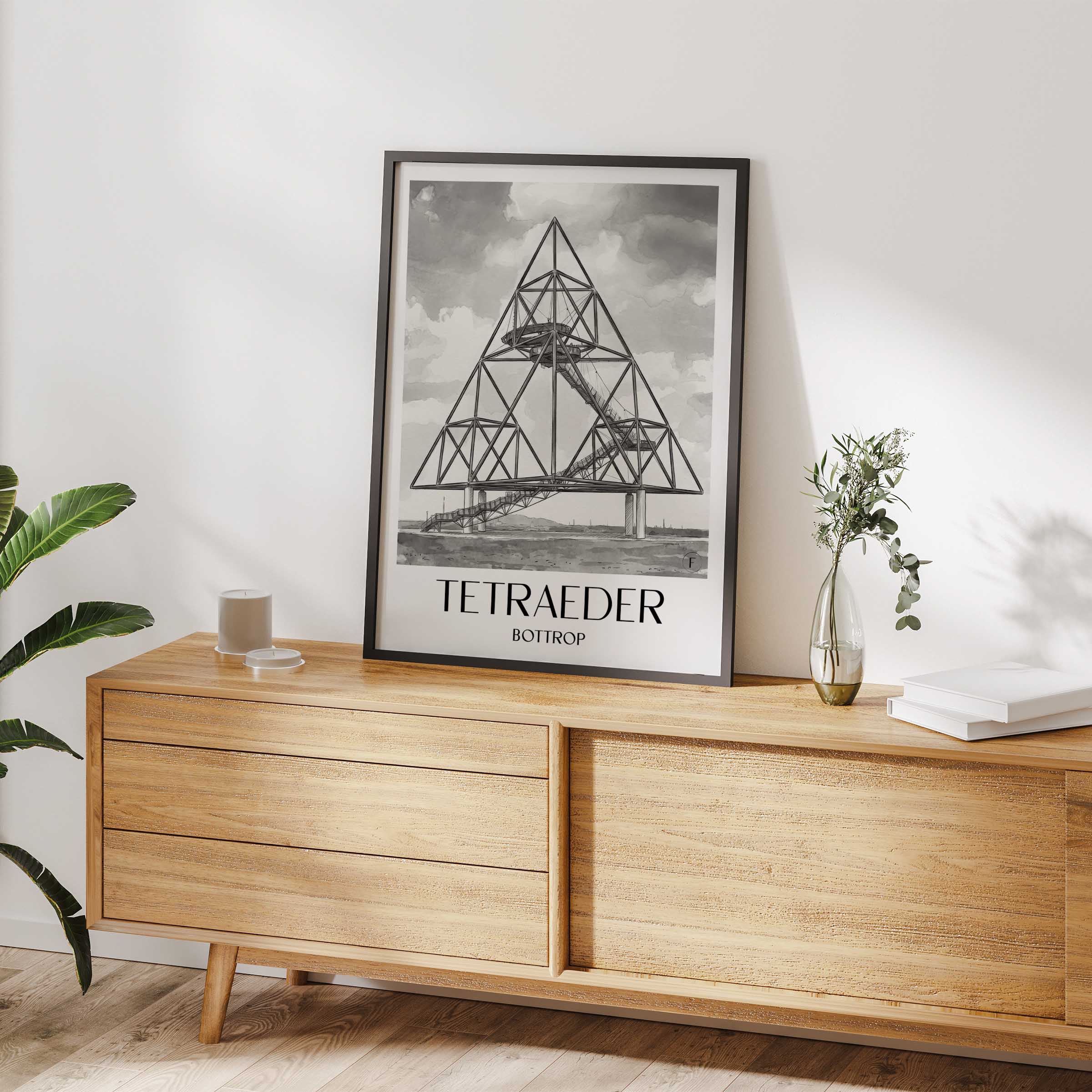 tetraeder-bottrop-deutschland-poster-aquarell-schwarz-weiss