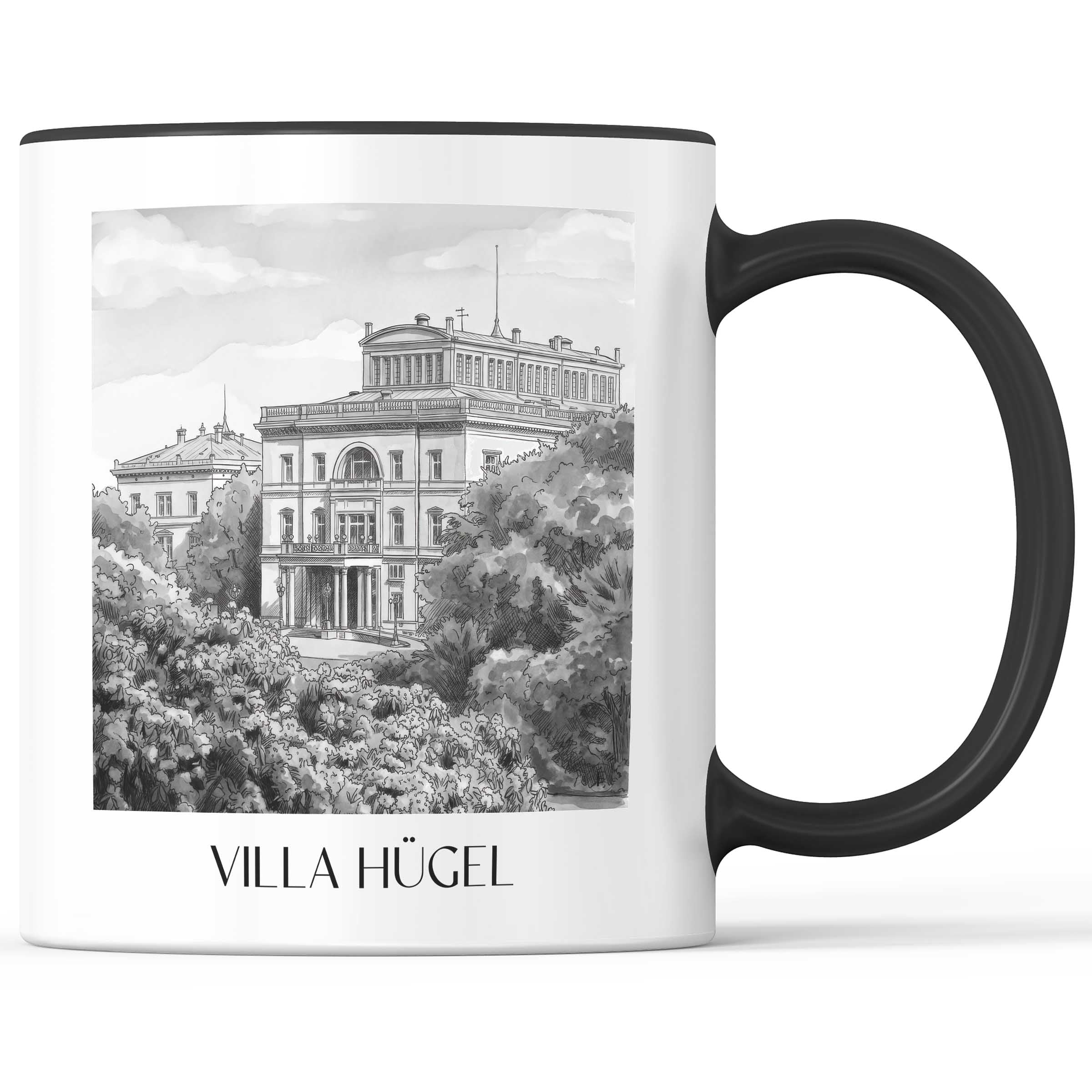 villa-hügel-essen-deutschland-kaffeebecher-aquarell-schwarz-weiss