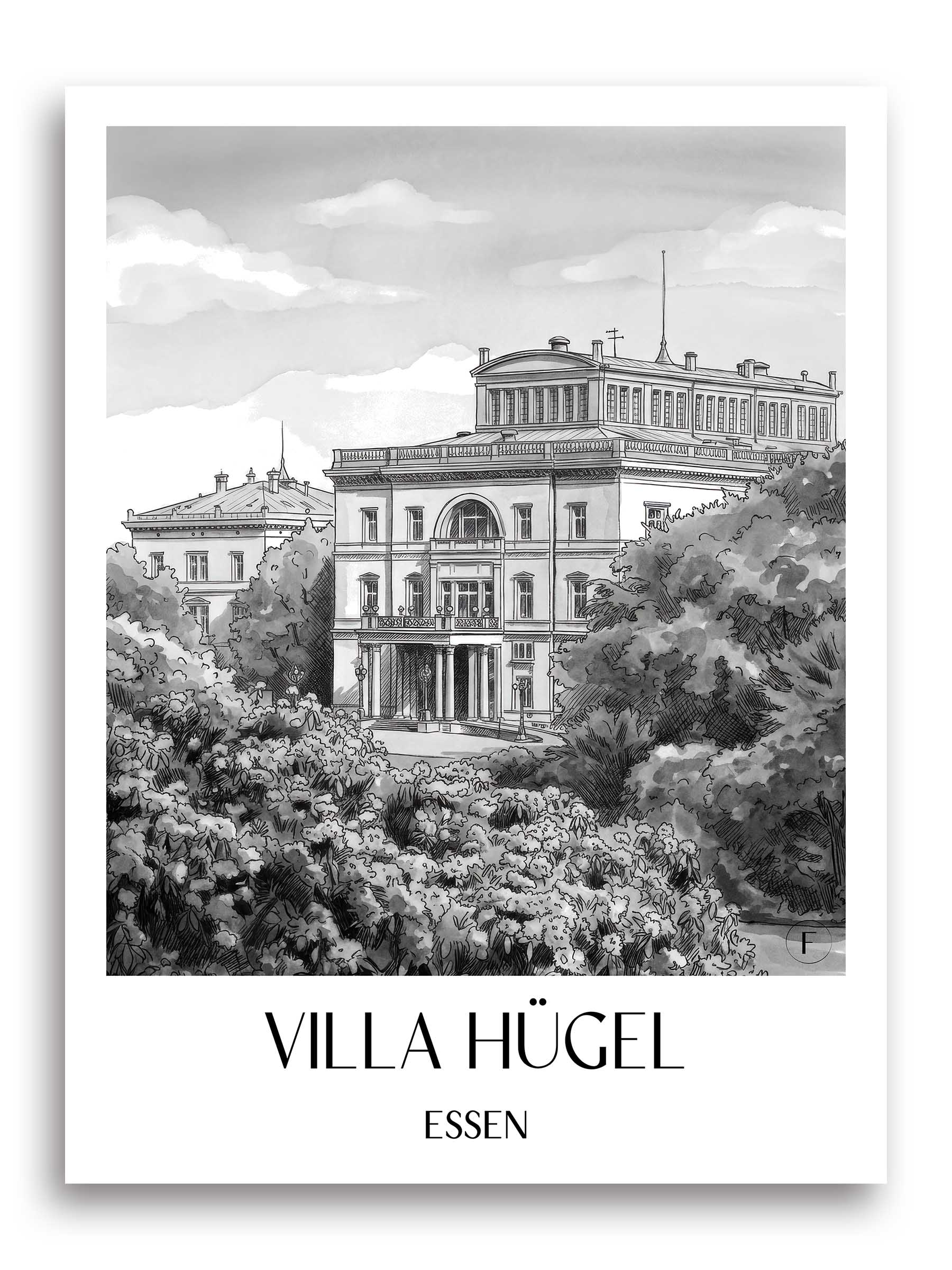 villa-hügel-essen-deutschland-poster-aquarell-schwarz-weiss