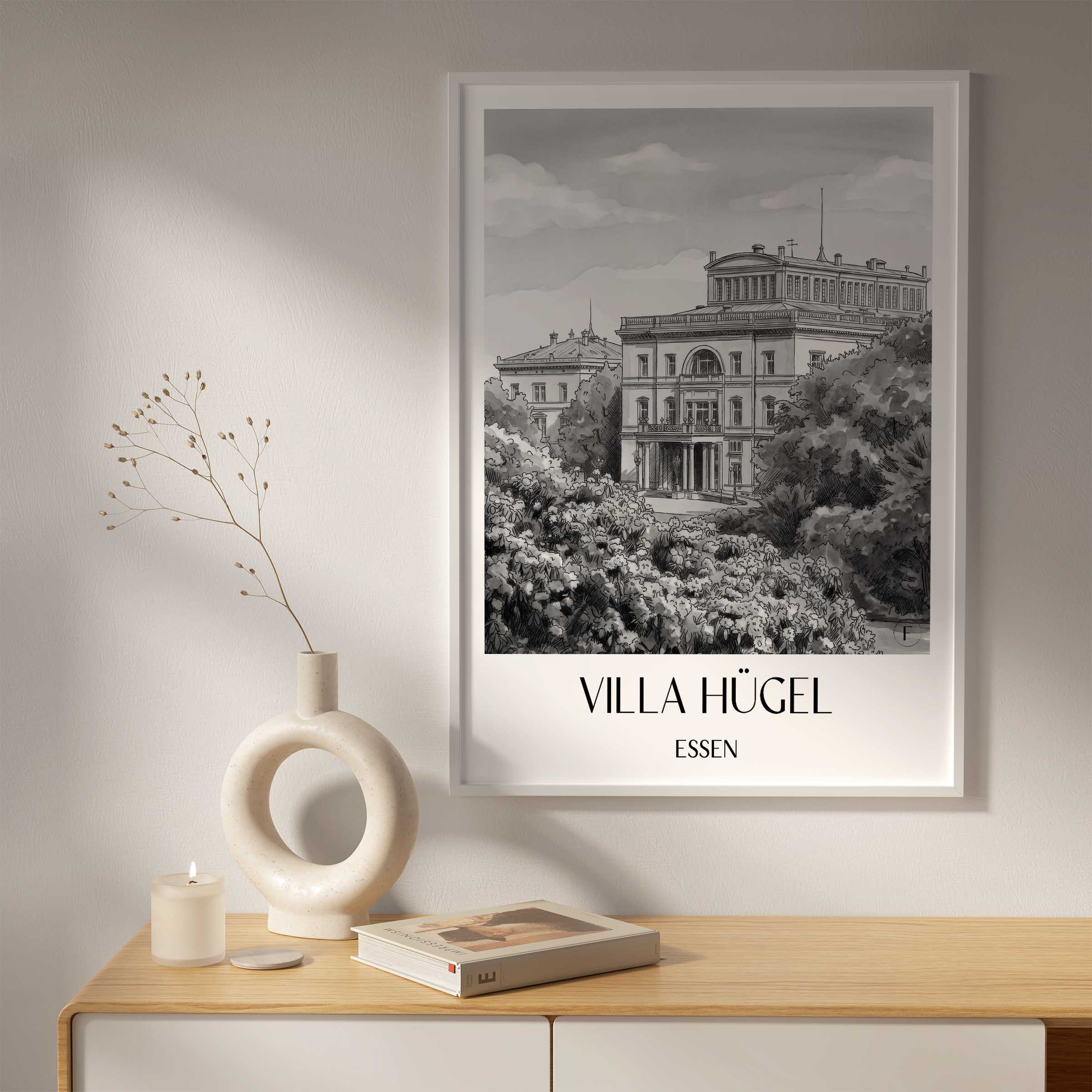 villa-hügel-essen-deutschland-poster-aquarell-schwarz-weiss