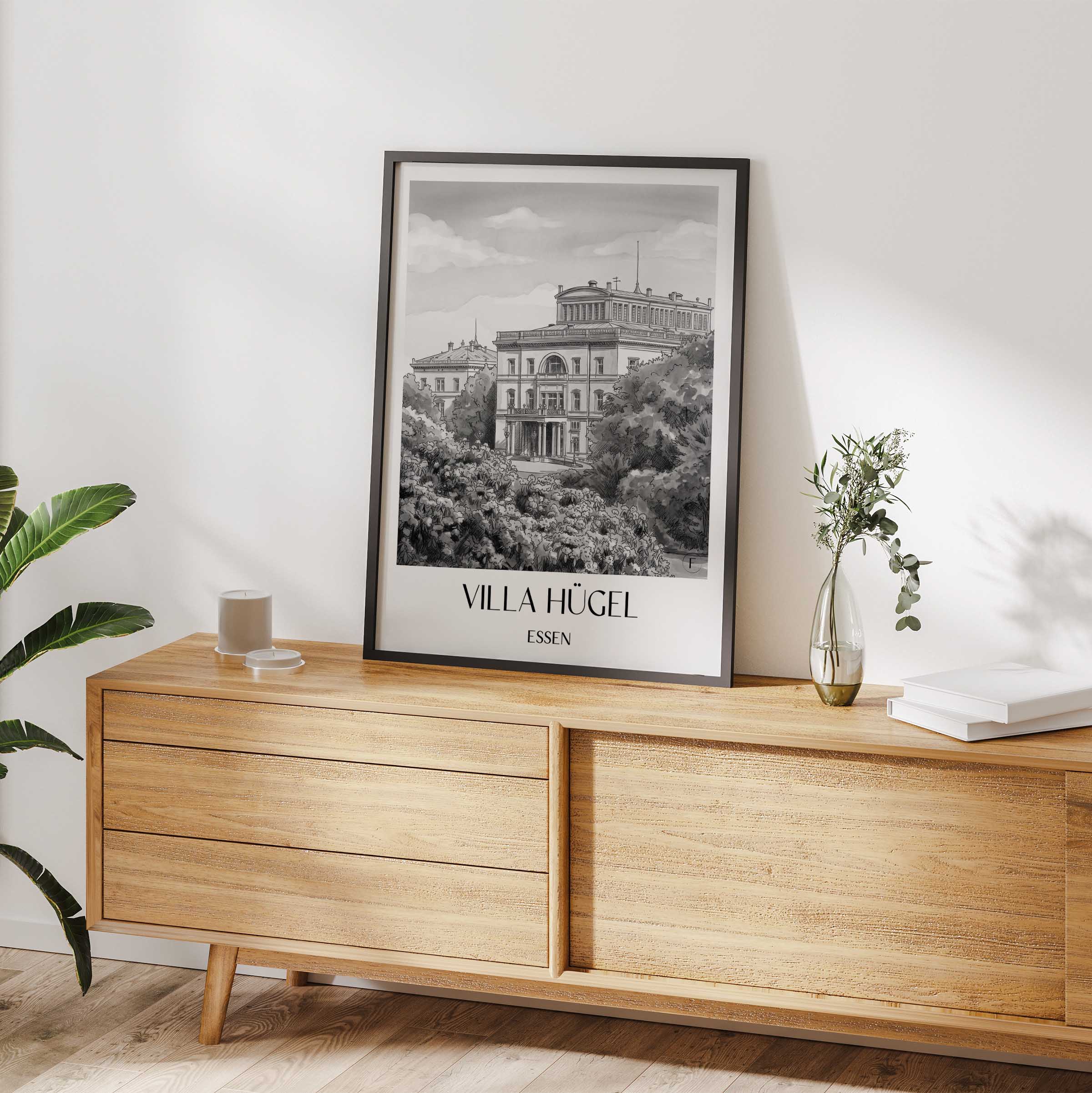 villa-hügel-essen-deutschland-poster-aquarell-schwarz-weiss