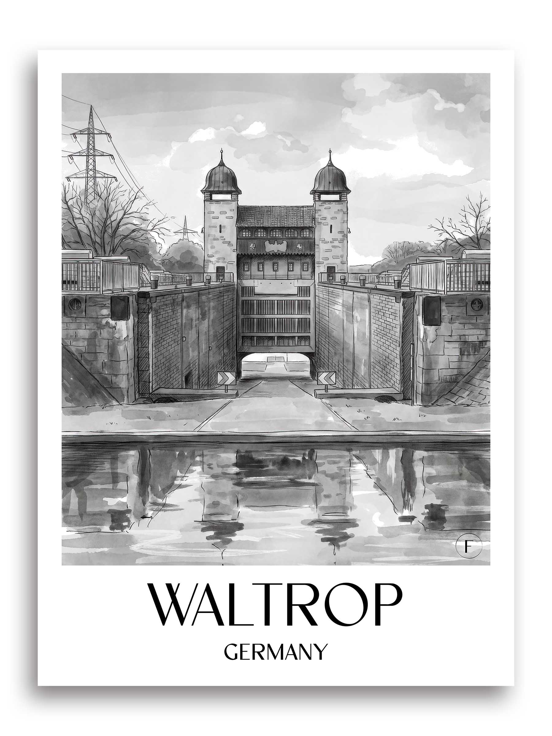 Waltrop Poster - Ruhrgebiet - Deutschland Kunstdruck - Aquarell Schwarz-Weiß von A4 bis A1