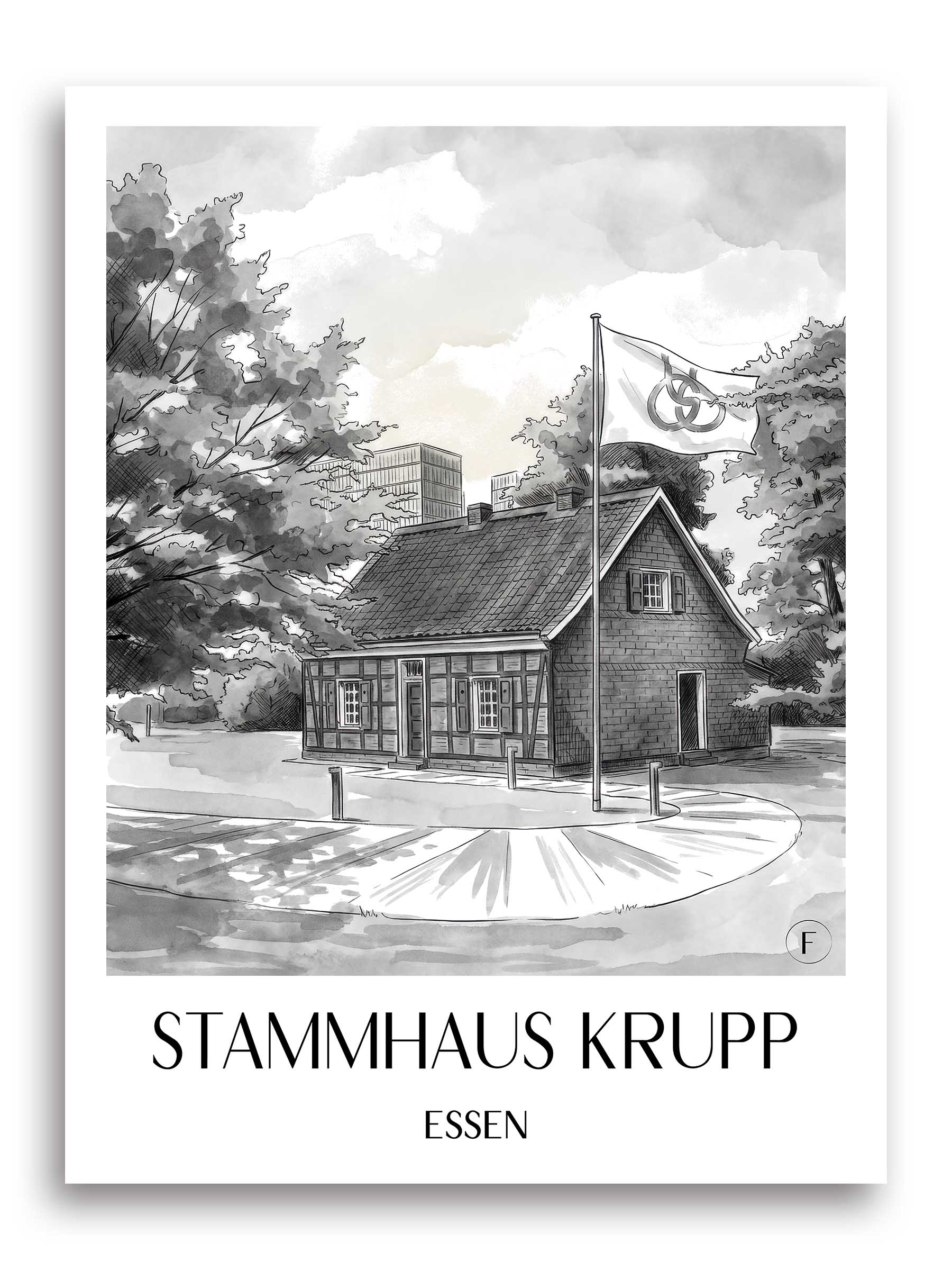 stammhaus-krupp-essen-deutschland-poster-aquarell-schwarz-weiss