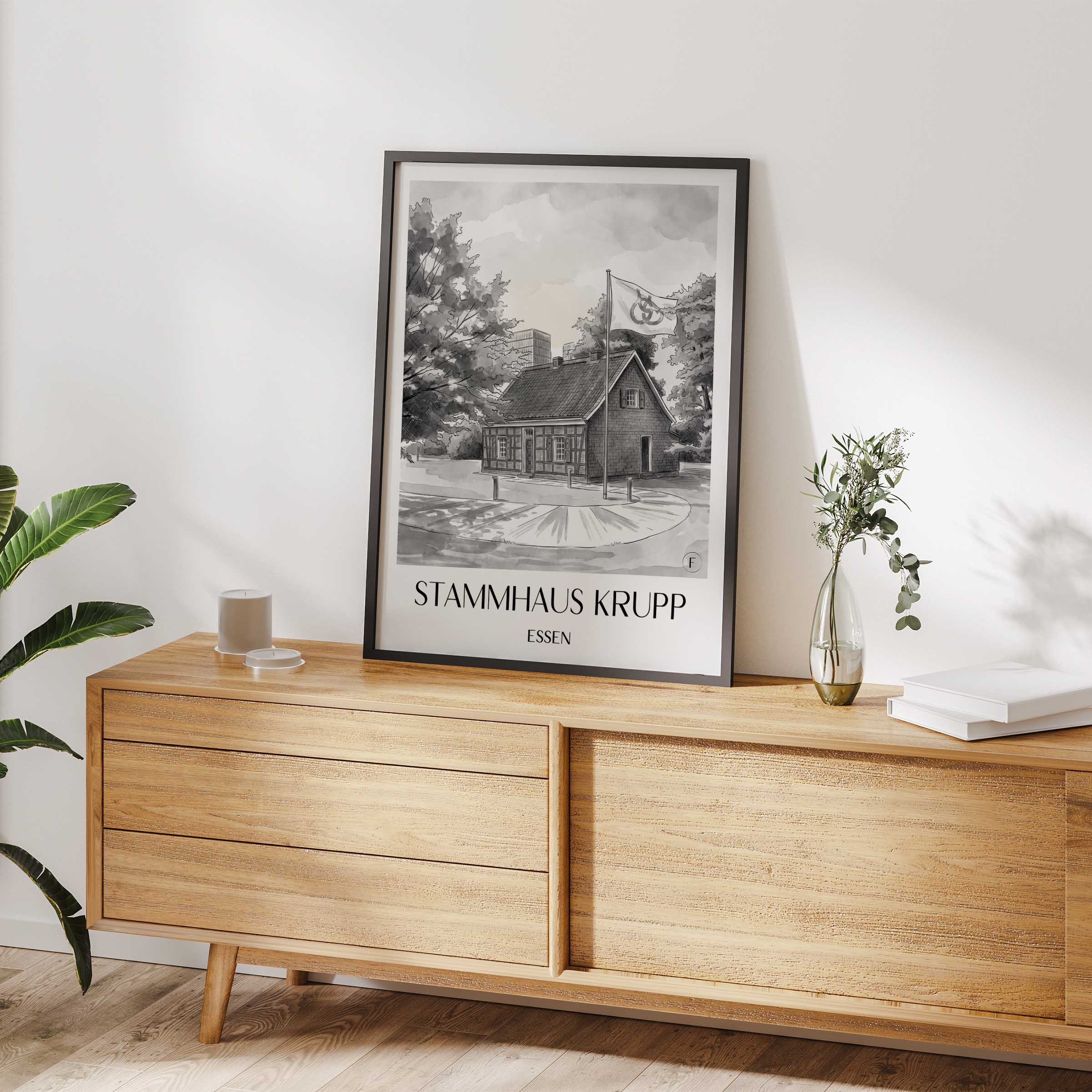 stammhaus-krupp-essen-deutschland-poster-aquarell-schwarz-weiss