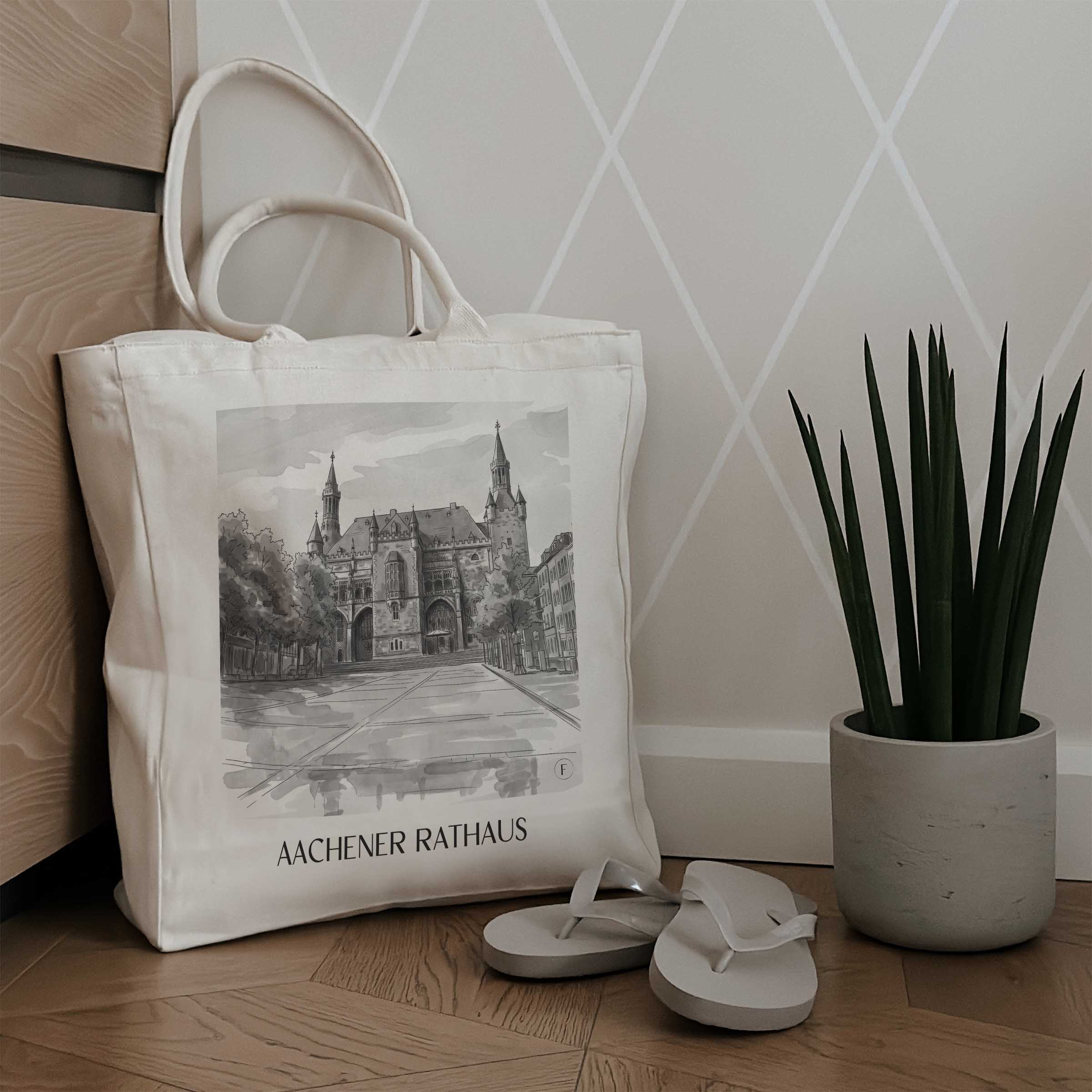 rathaus--aachen-deutschland-einkaufstasche-aquarell-schwarz-weiss