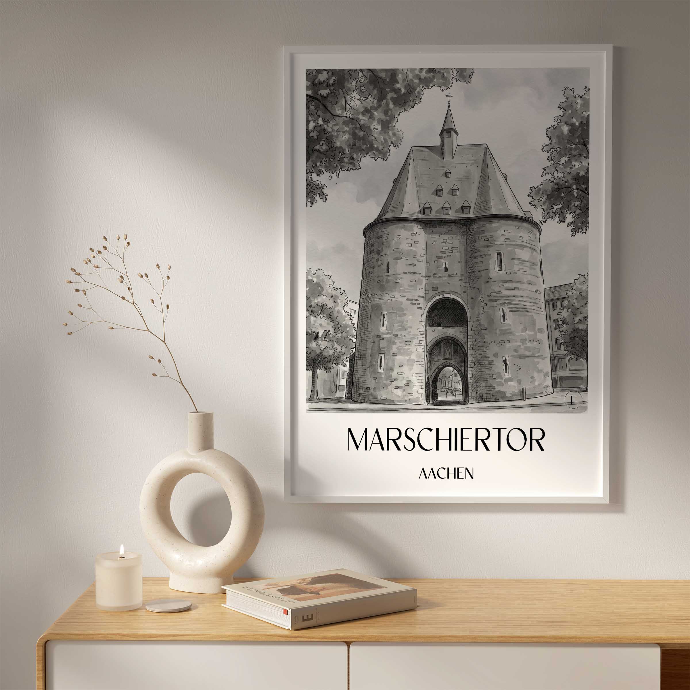 marschiertor-aachen-deutschland-poster-aquarell-schwarz-weiss