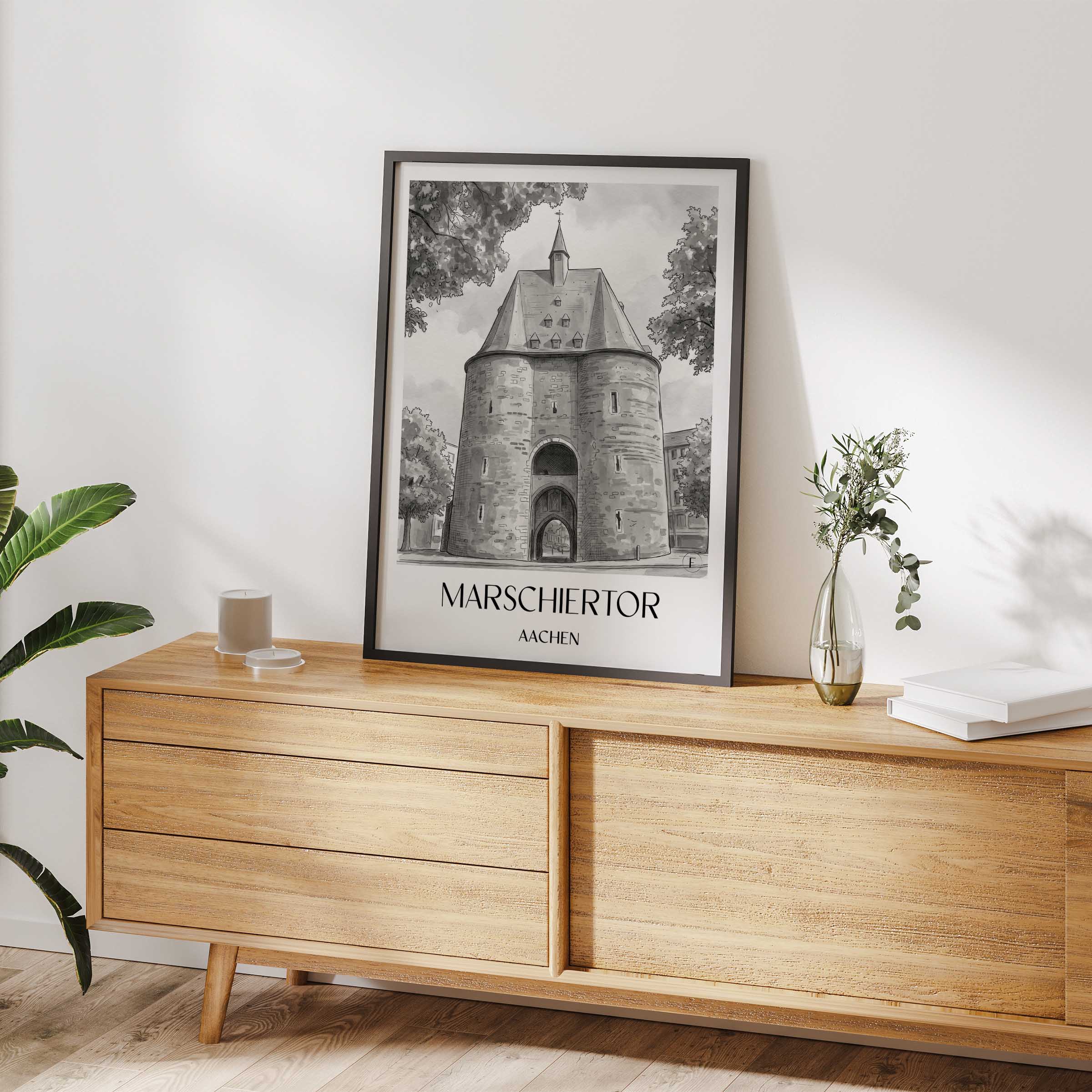 marschiertor-aachen-deutschland-poster-aquarell-schwarz-weiss