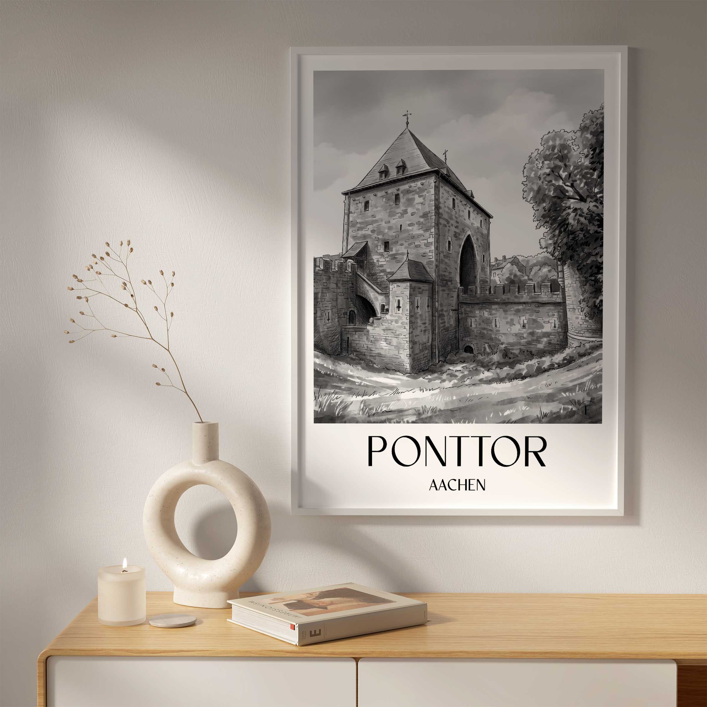 ponttor-aachen-deutschland-poster-aquarell-schwarz-weiss