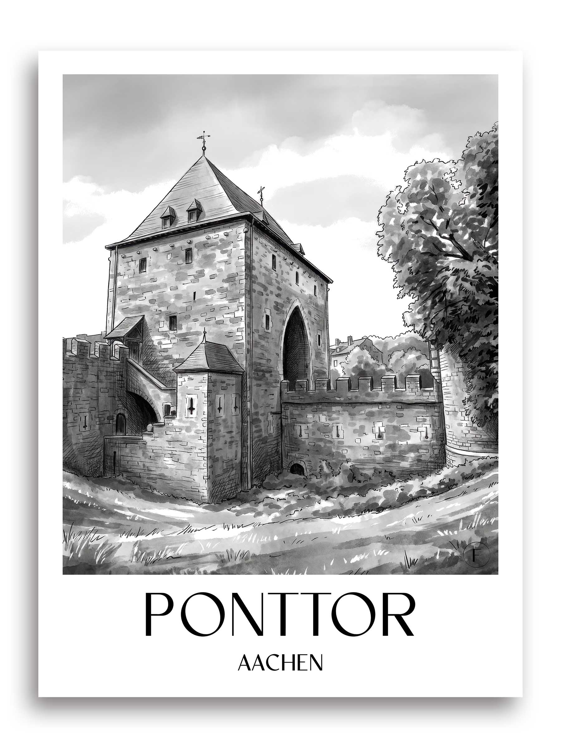 Ponttor Poster - Aachen - Deutschland Kunstdruck - Aquarell Schwarz-Weiß von A4 bis A1