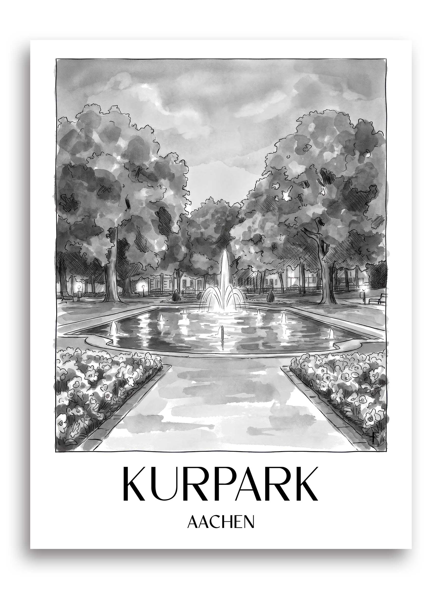 kurpark-aachen-deutschland-poster-aquarell-schwarz-weiss