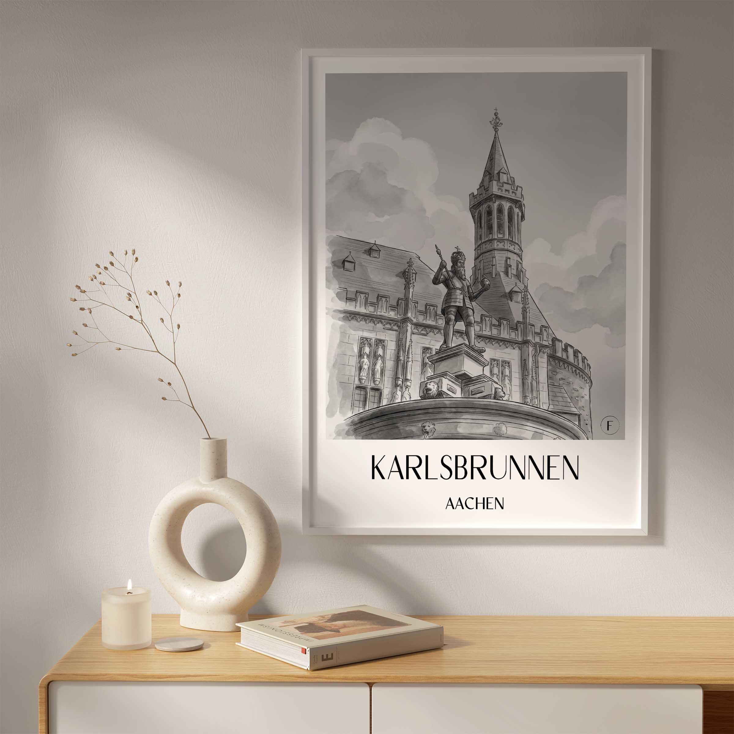 karlsbrunnen-aachen-deutschland-poster-aquarell-schwarz-weiss