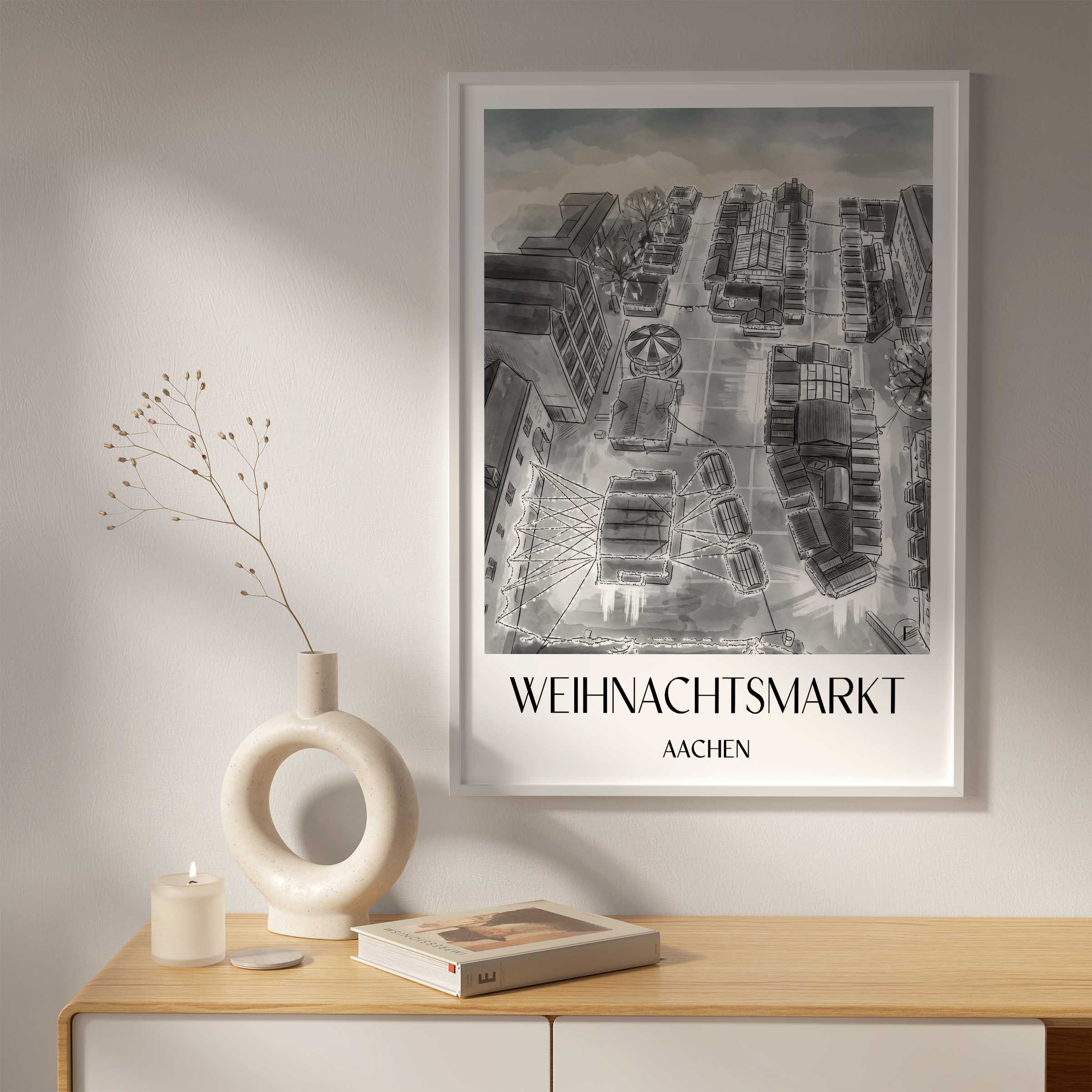 weihnachtsmarkt-aachen-deutschland-poster-aquarell-schwarz-weiss