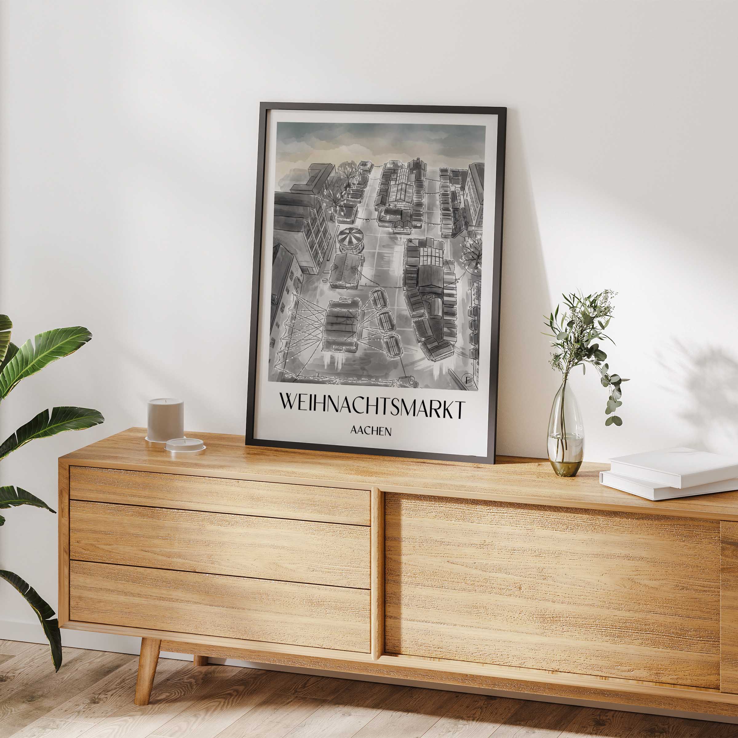 weihnachtsmarkt-aachen-deutschland-poster-aquarell-schwarz-weiss