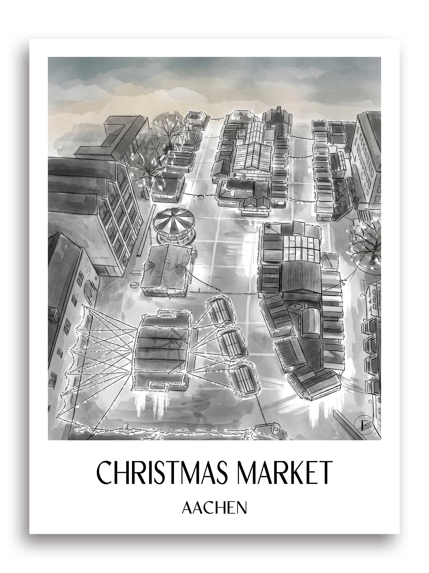 Weihnachtsmarkt Poster - Aachen - Deutschland Kunstdruck - Aquarell Schwarz-Weiß von A4 bis A1