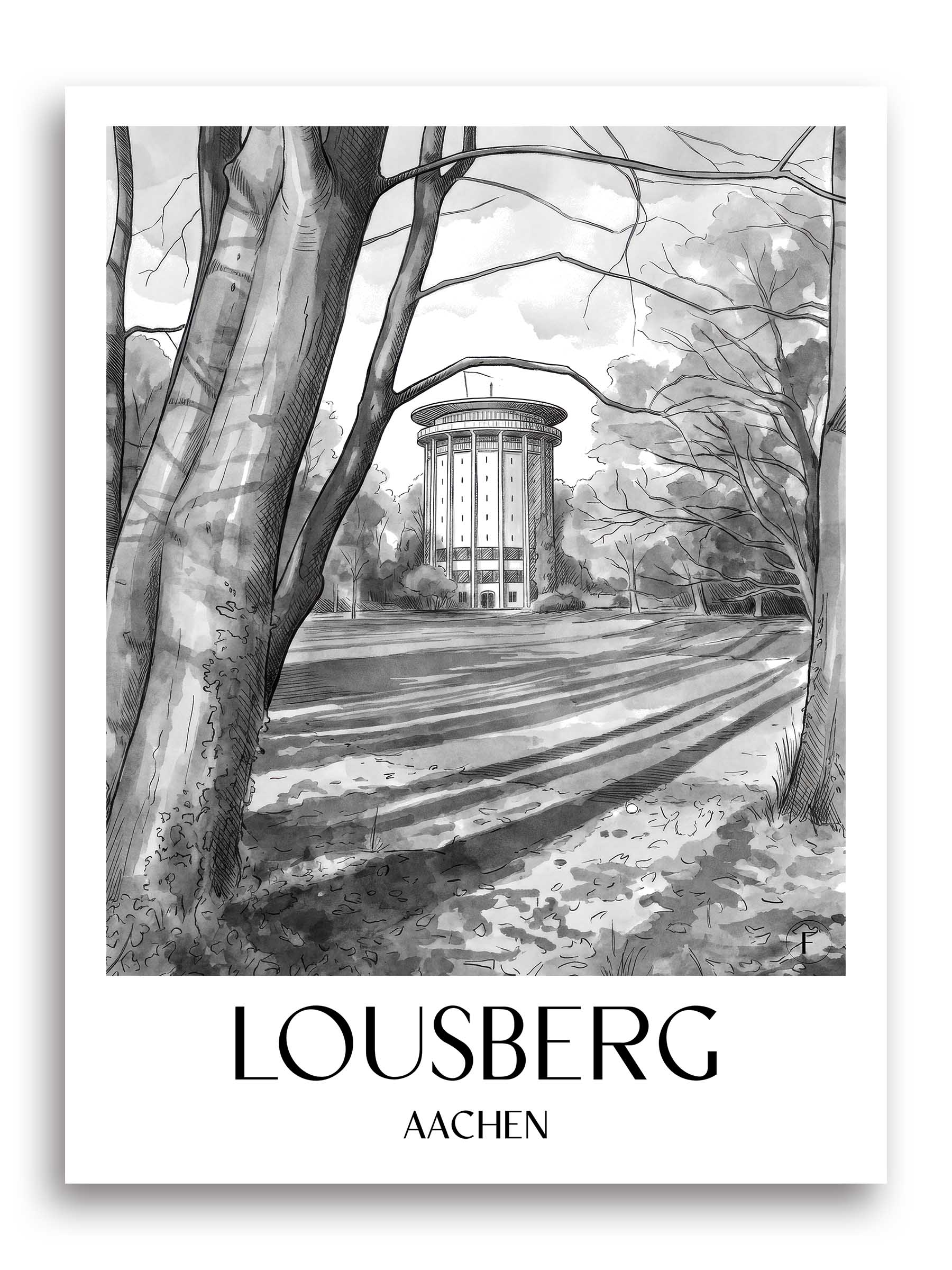 Lousberg Poster - Aachen - Deutschland Kunstdruck - Aquarell Schwarz-Weiß von A4 bis A1