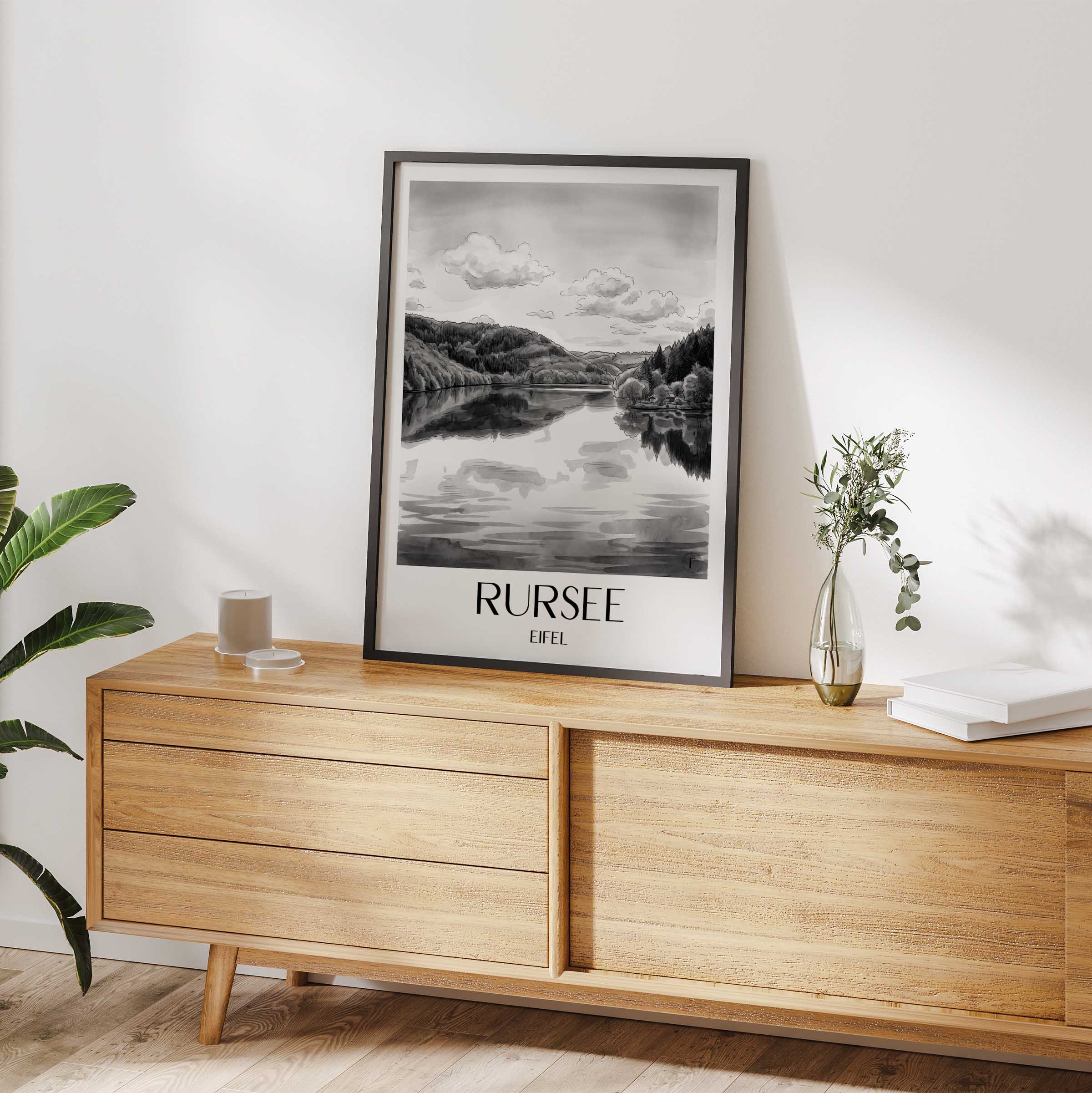 rursee-eifel-deutschland-poster-aquarell-schwarz-weiss