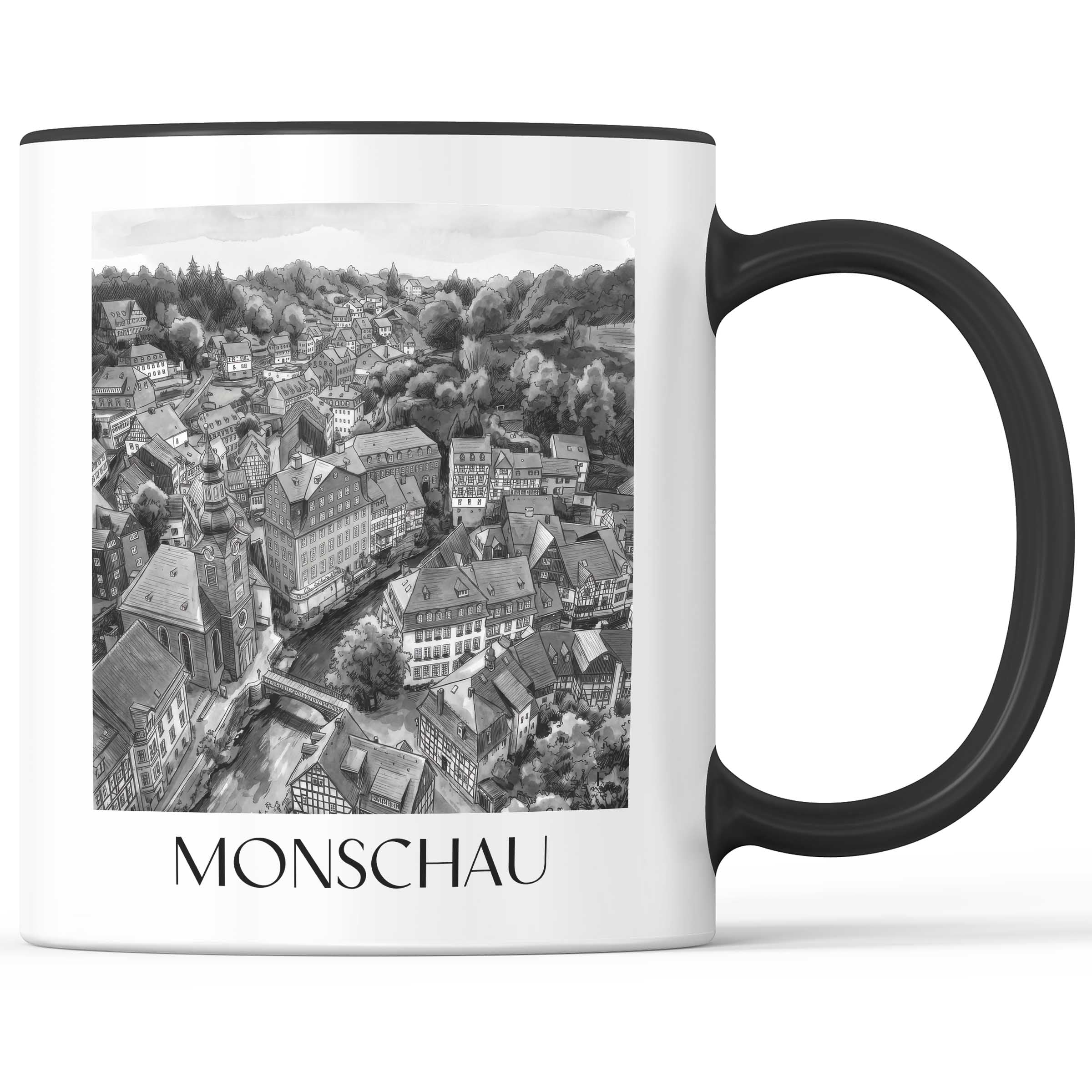 monschau-rureifel-deutschland-kaffeebecher-aquarell-schwarz-weiss