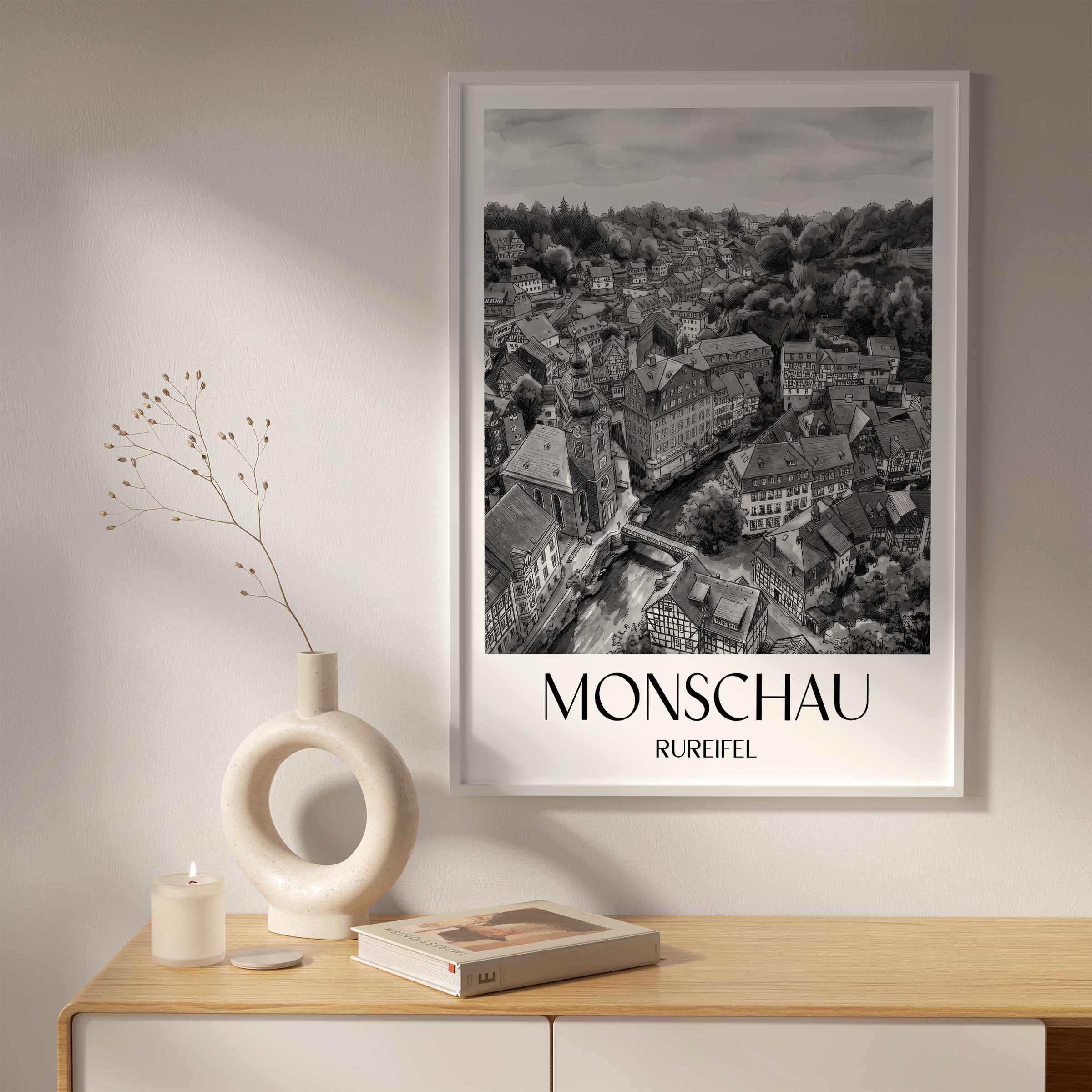 monschau-rureifel-deutschland-poster-aquarell-schwarz-weiss