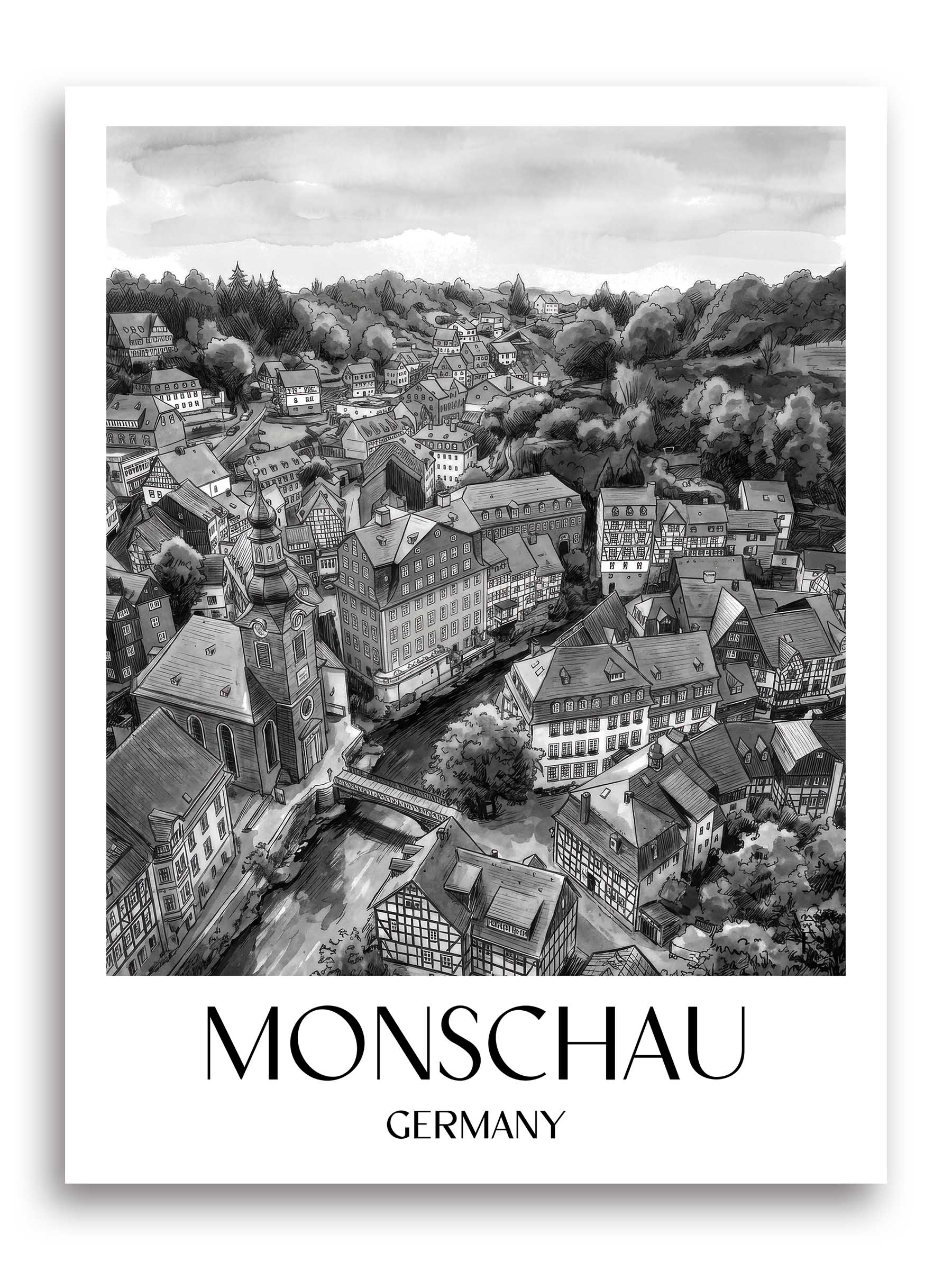 Monschau Poster - Rureifel - Deutschland Kunstdruck - Aquarell Schwarz-Weiß von A4 bis A1