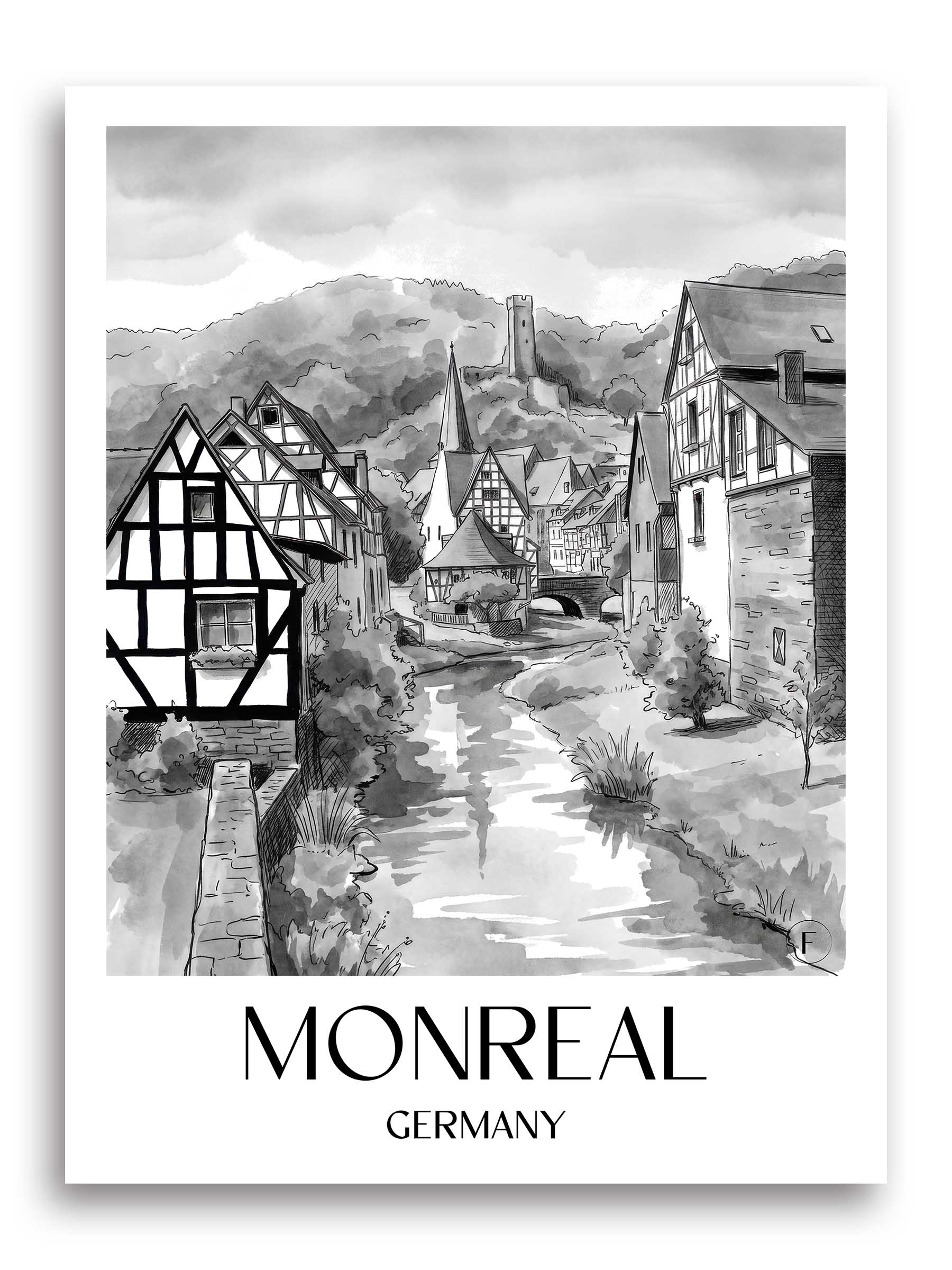 Monreal Poster - Eifel - Deutschland Kunstdruck - Aquarell Schwarz-Weiß von A4 bis A1