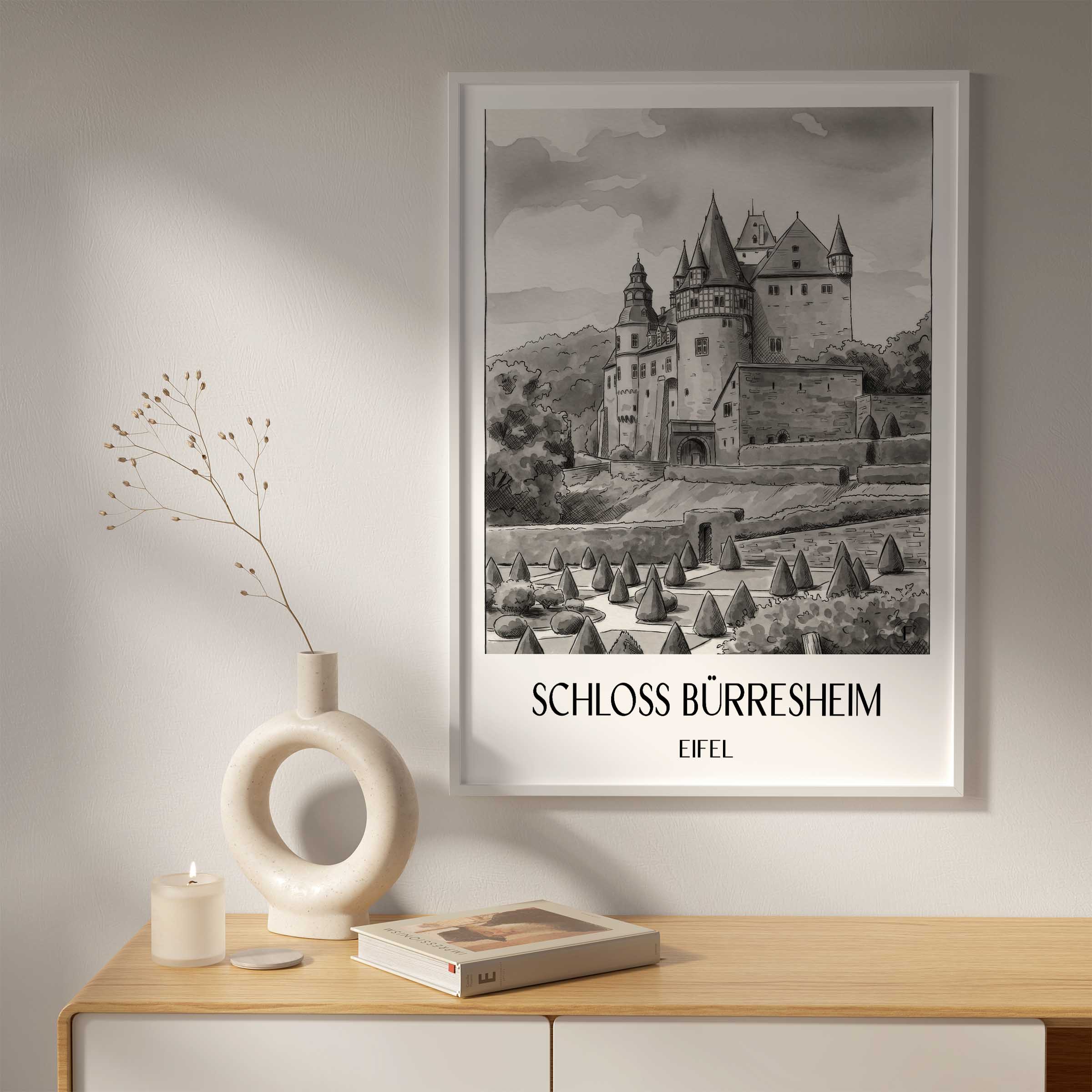 schloss-bürresheim-eifel-deutschland-poster-aquarell-schwarz-weiss