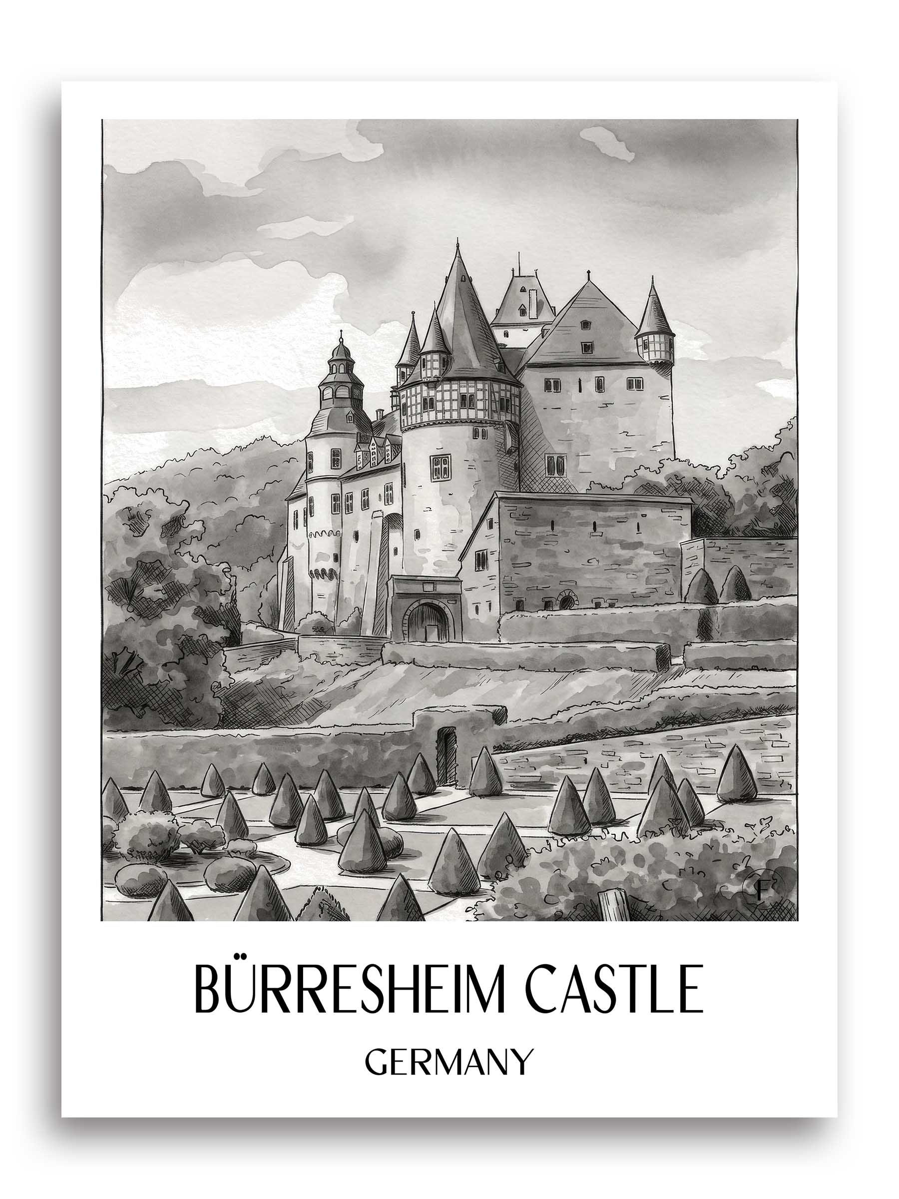 Schloss Bürresheim Poster - Eifel - Deutschland Kunstdruck - Aquarell Schwarz-Weiß von A4 bis A1