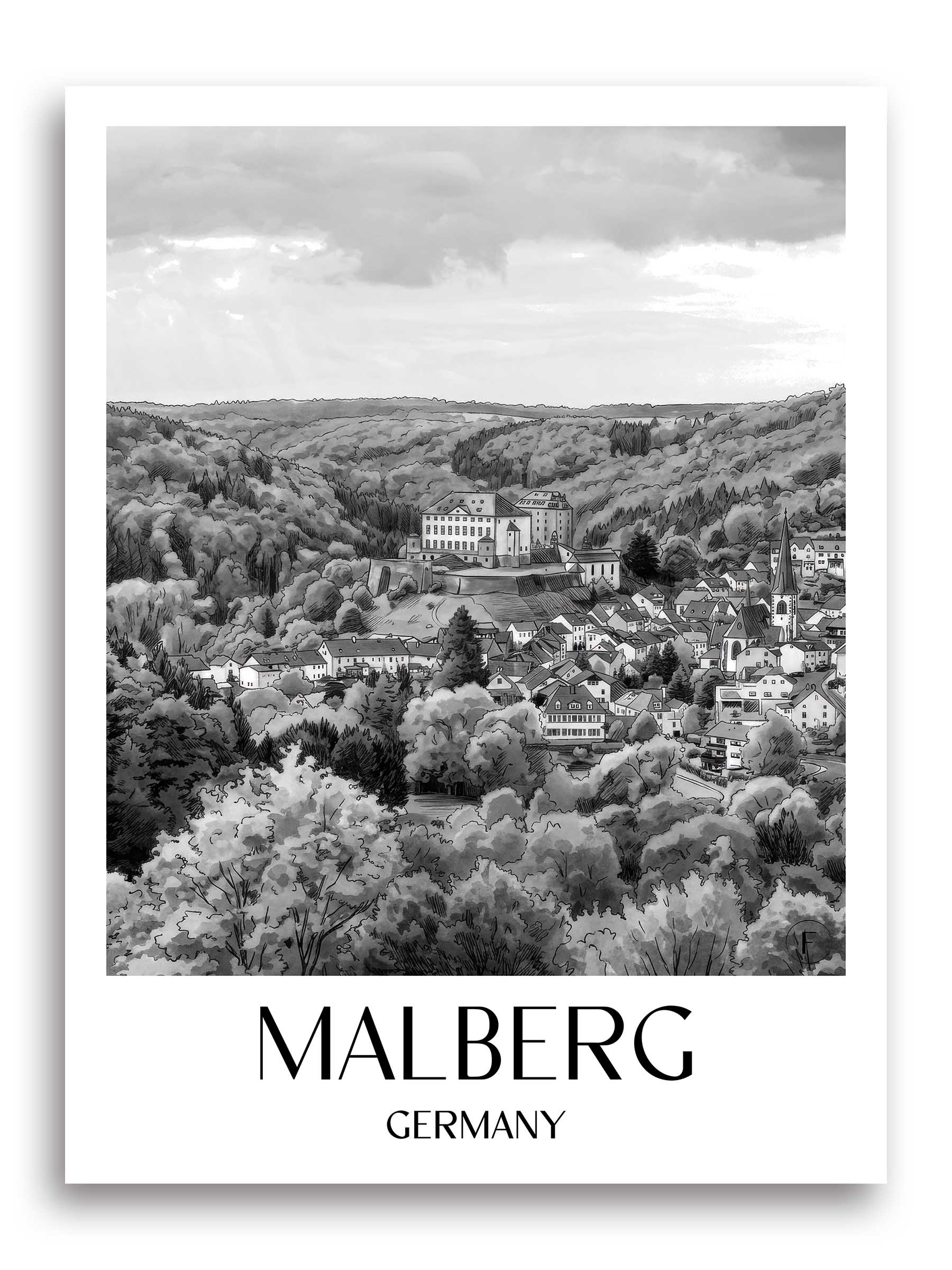 Malberg Poster - Eifel - Deutschland Kunstdruck - Aquarell Schwarz-Weiß von A4 bis A1