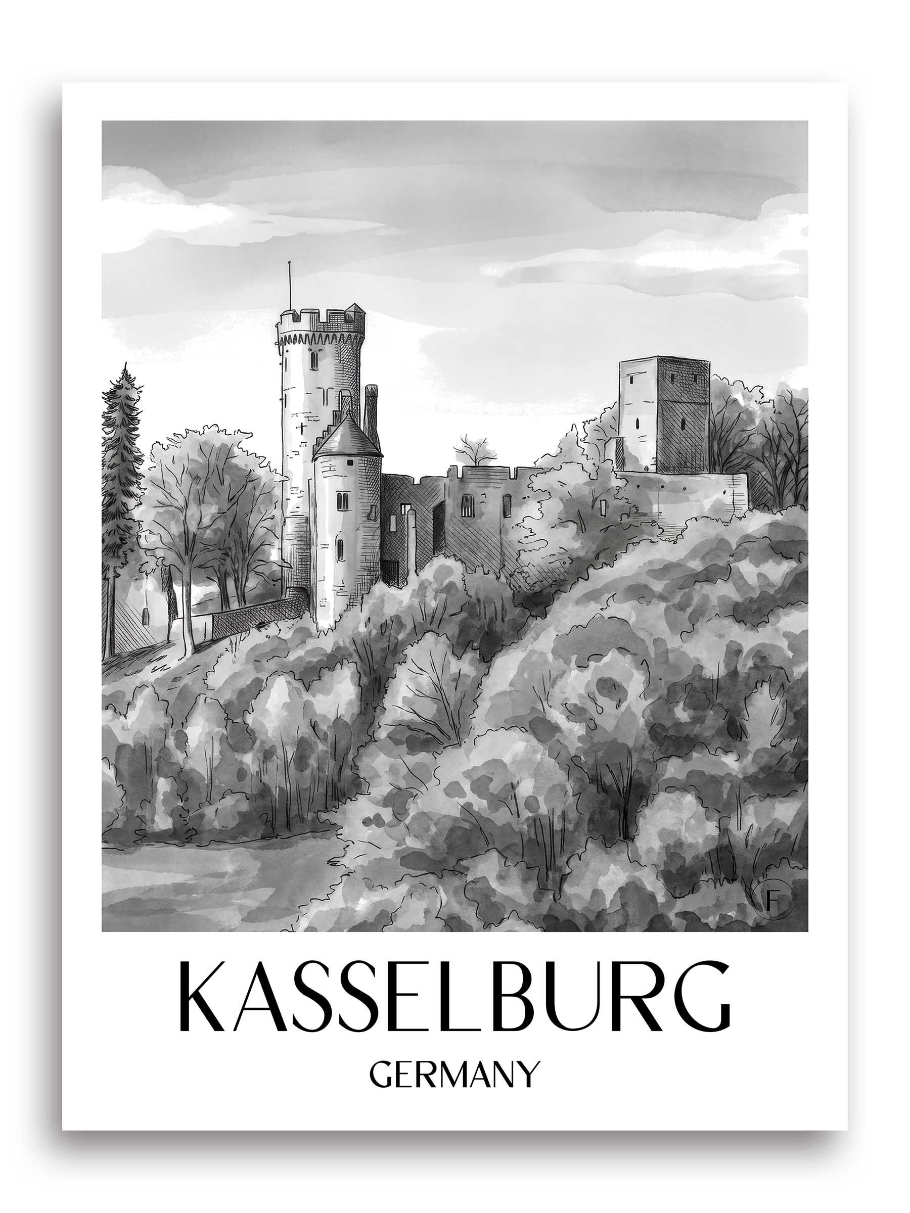 Kasselburg Poster - Eifel - Deutschland Kunstdruck - Aquarell Schwarz-Weiß von A4 bis A1
