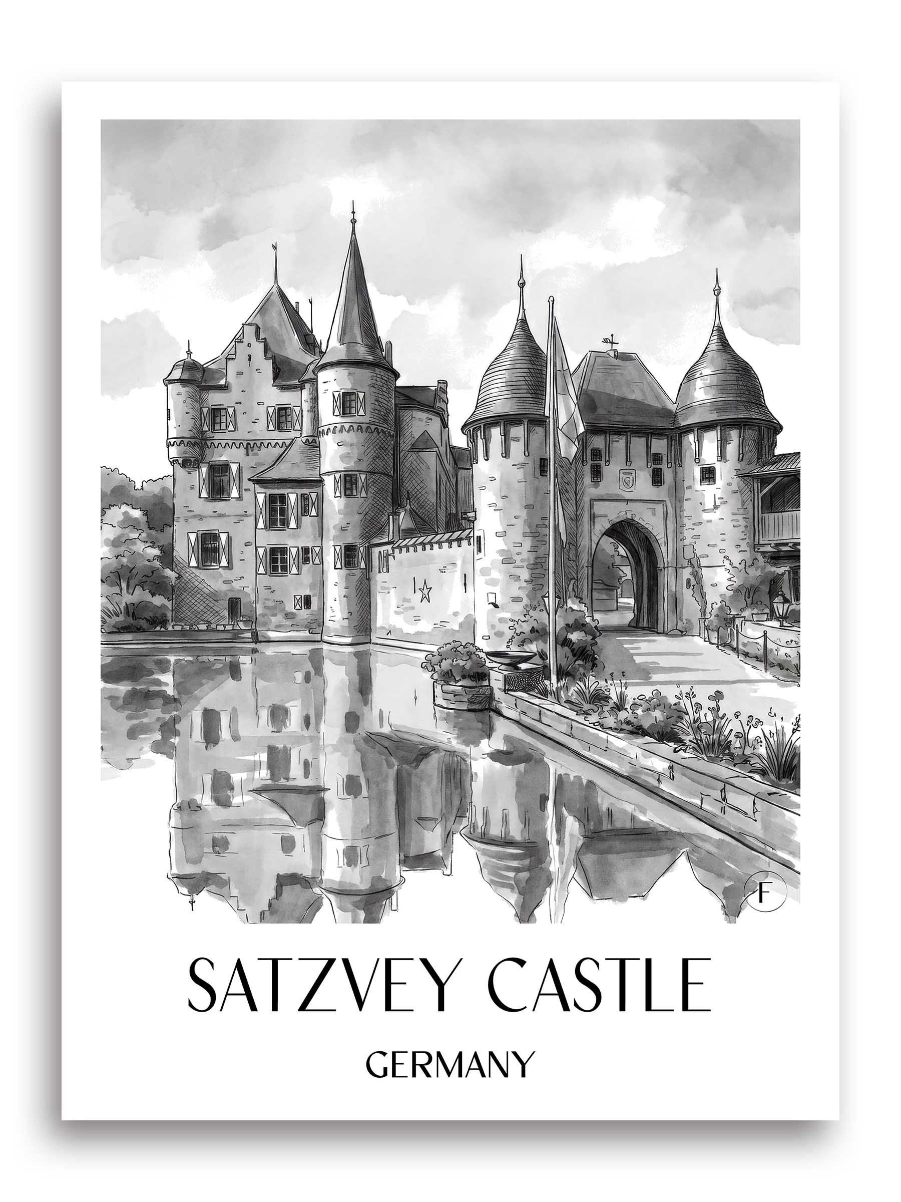 Burg Satzvey Poster - Eifel - Deutschland Kunstdruck - Aquarell Schwarz-Weiß von A4 bis A1