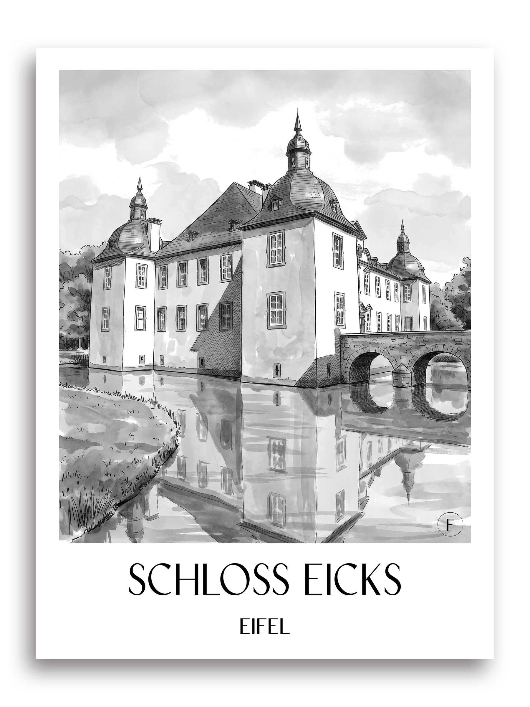 schloss-eicks-eifel-deutschland-poster-aquarell-schwarz-weiss