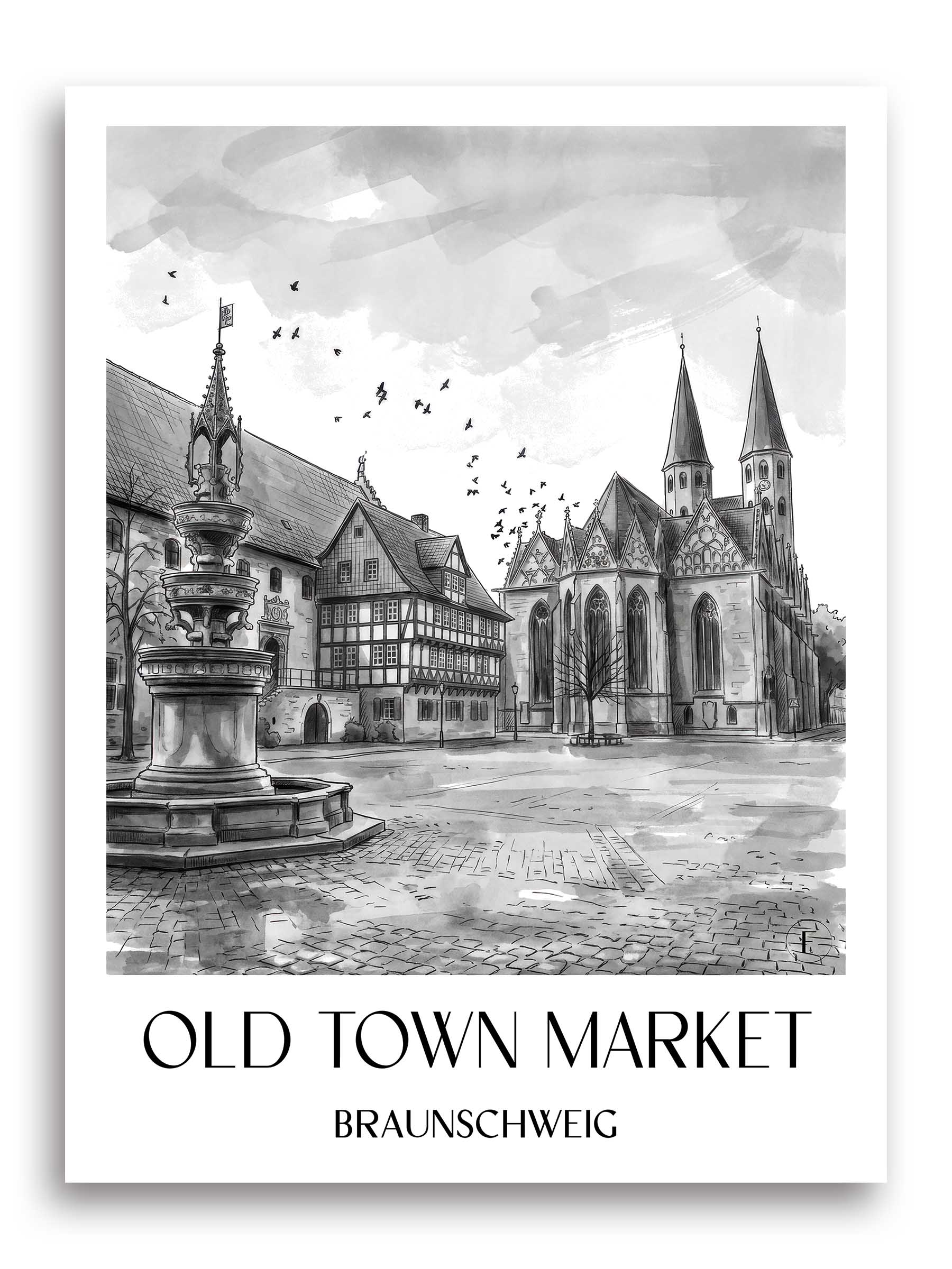 Altstadtmarkt Poster - Braunschweig - Deutschland Kunstdruck - Aquarell Schwarz-Weiß von A4 bis A1
