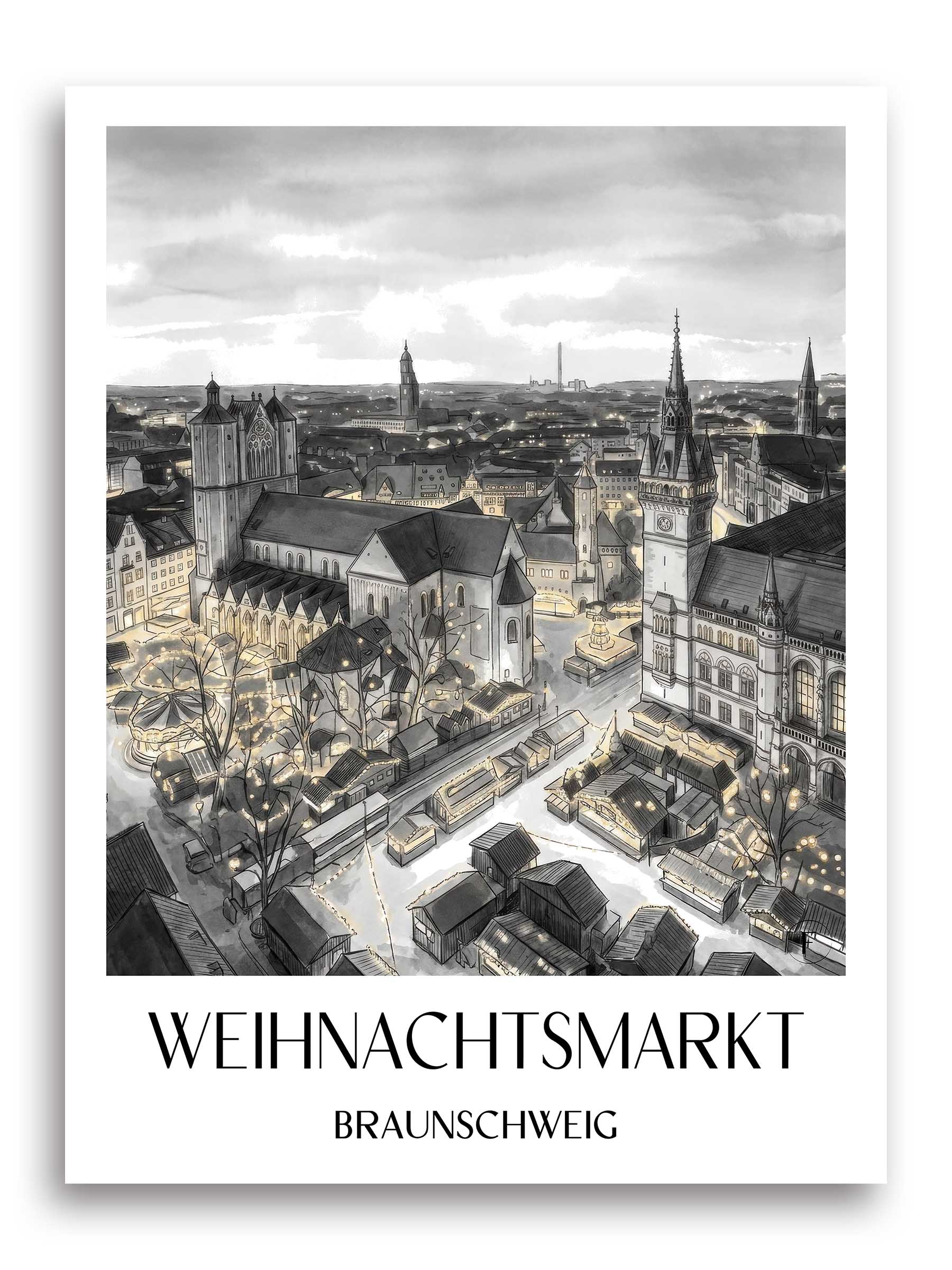 weihnachtsmarkt-braunschweig-deutschland-poster-aquarell-schwarz-weiss