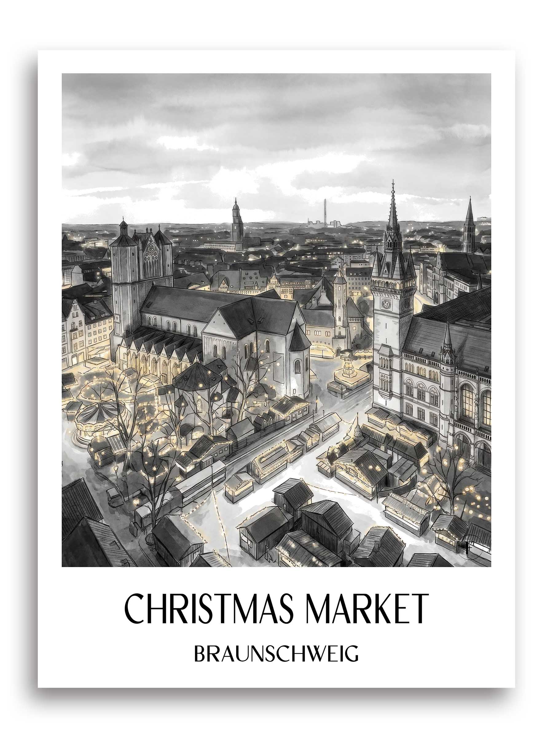 Weihnachtsmarkt Poster - Braunschweig - Deutschland Kunstdruck - Aquarell Schwarz-Weiß von A4 bis A1