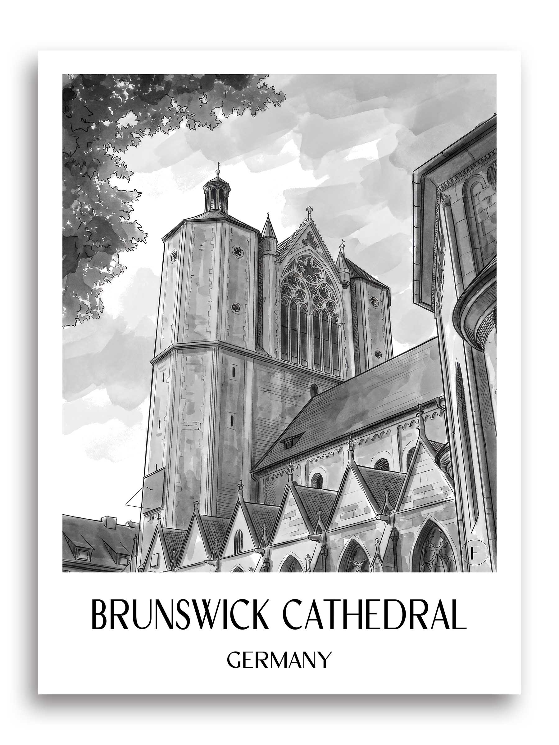 Braunschweiger Dom Poster - Niedersachsen - Deutschland Kunstdruck - Aquarell Schwarz-Weiß von A4 bis A1
