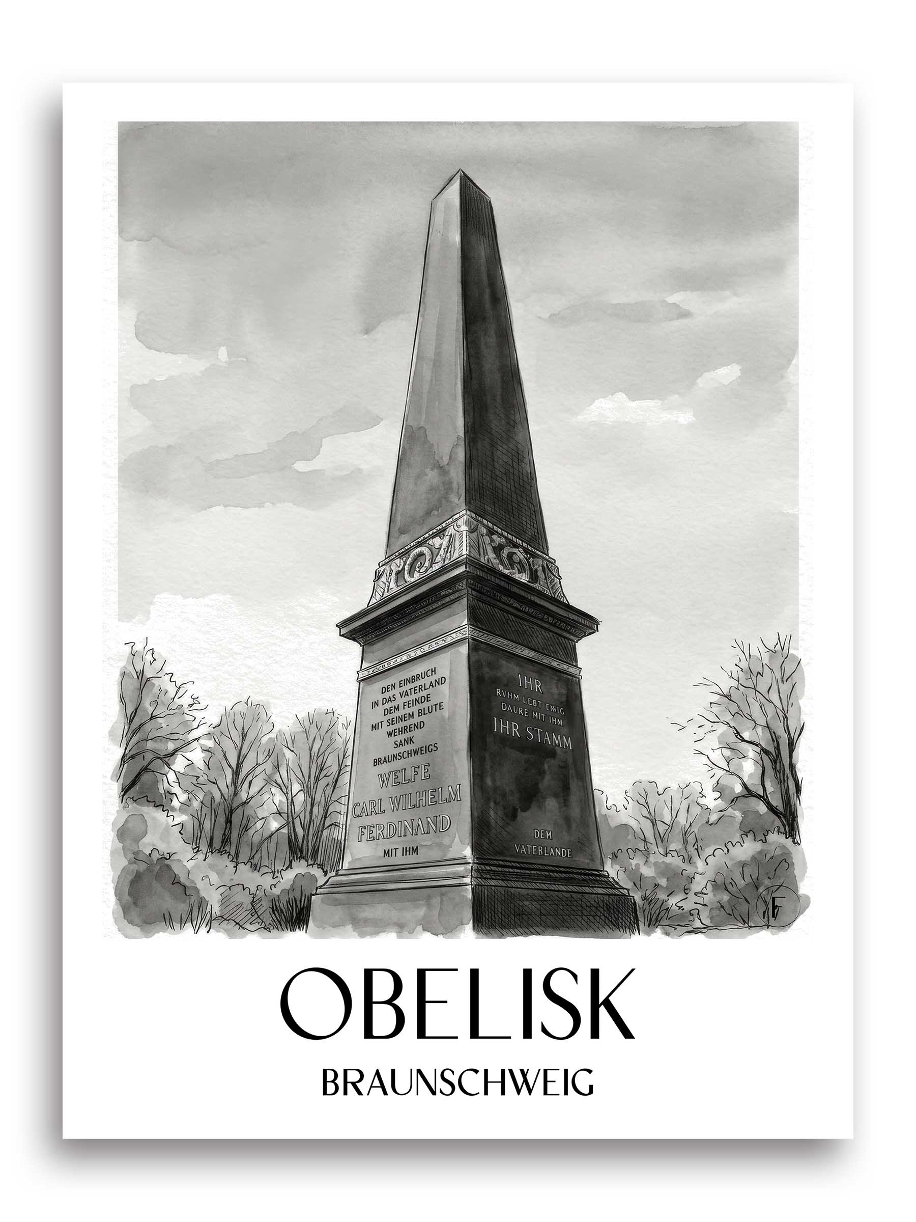 obelisk-braunschweig-deutschland-poster-aquarell-schwarz-weiss