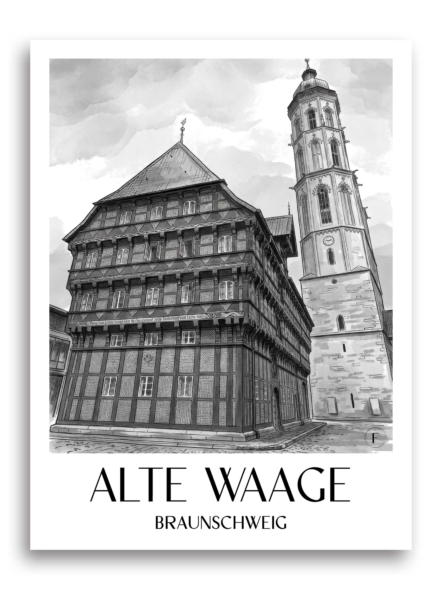 alte-waage-braunschweig-deutschland-poster-aquarell-schwarz-weiss